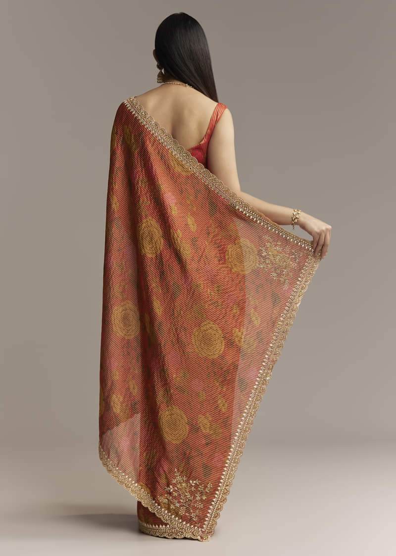 Brown Red Tissue Saree With Mirror And Zari Work - Image 4