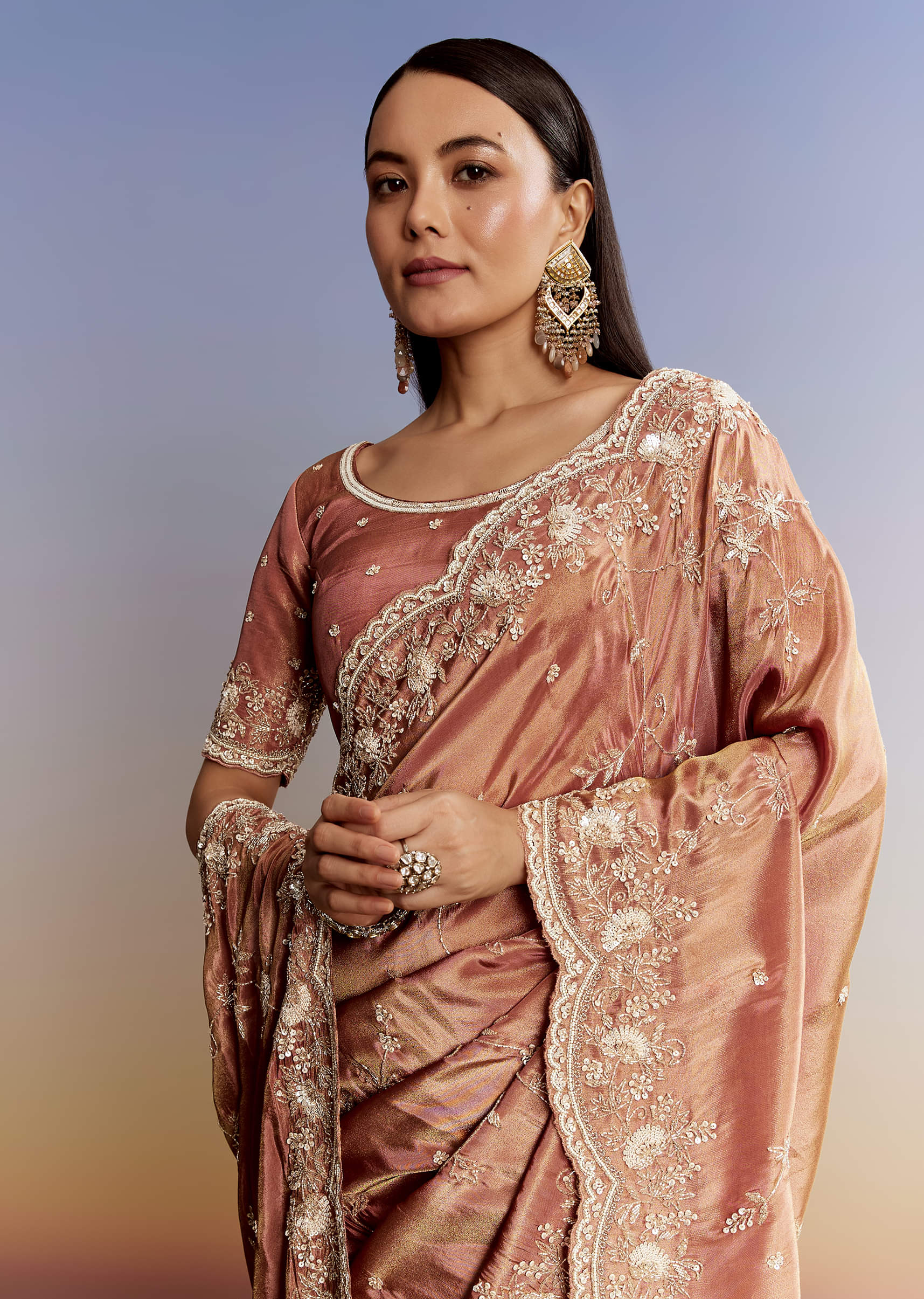Brown Rust Crush Tissue Saree With Gota And Beads Embroidery - Image 5