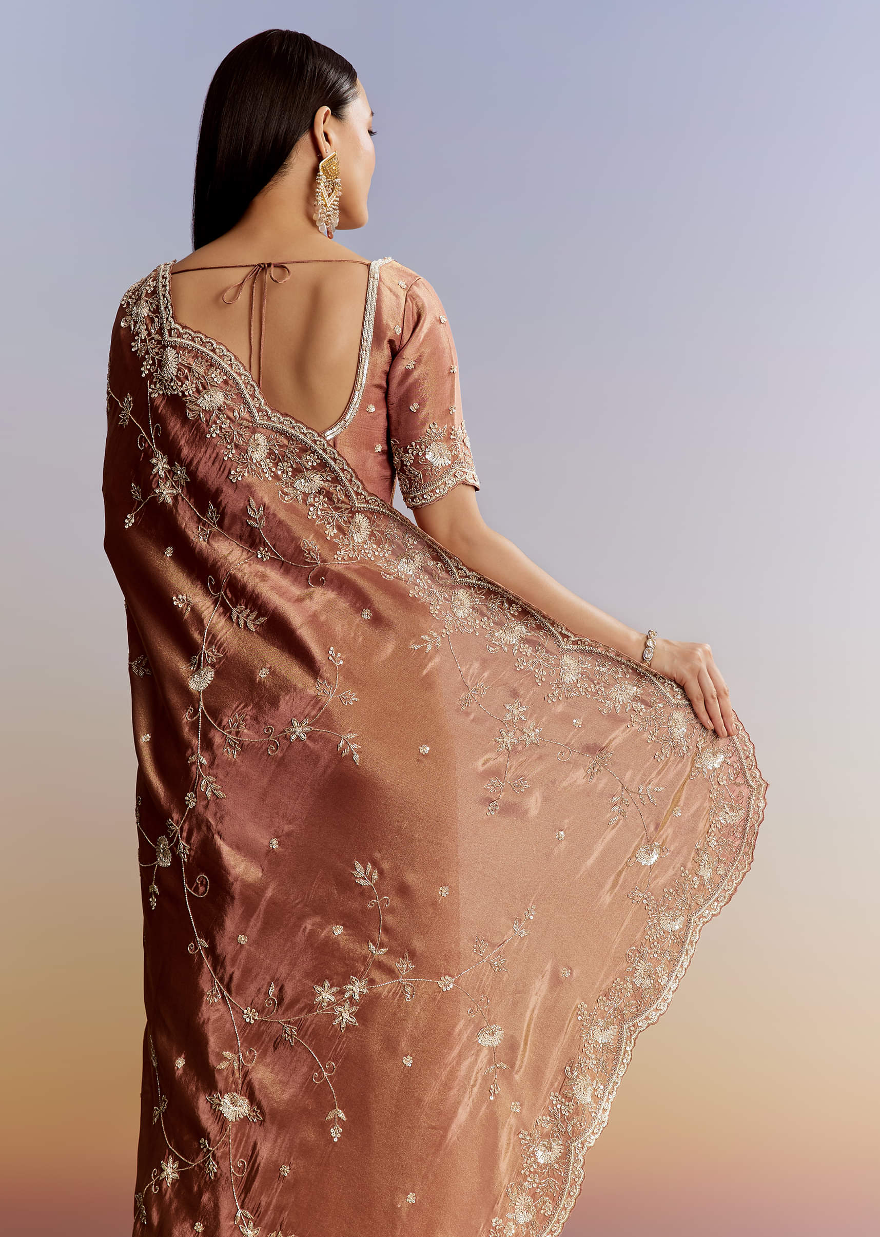 Brown Rust Crush Tissue Saree With Gota And Beads Embroidery - Image 6