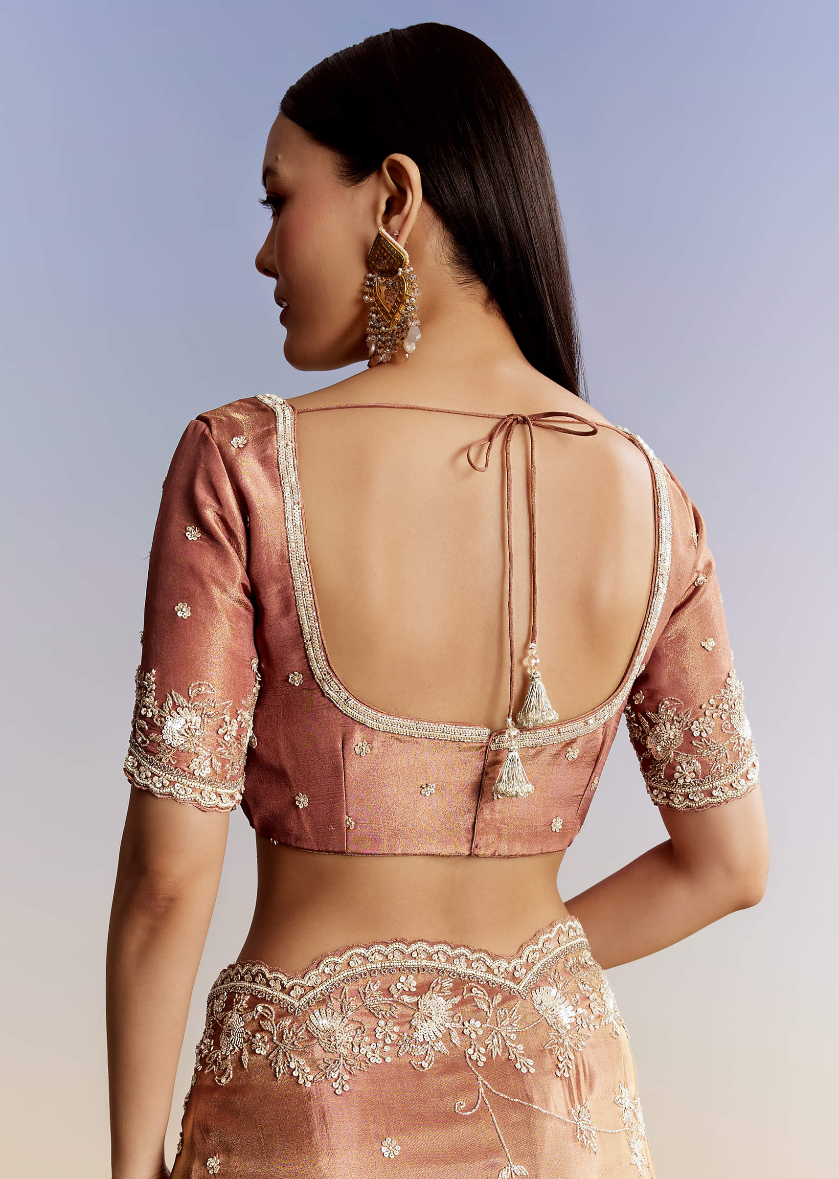 Brown Rust Crush Tissue Saree With Gota And Beads Embroidery - Image 8