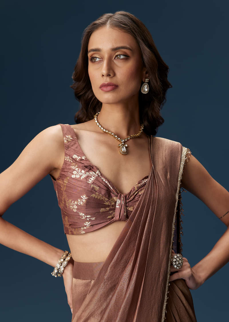 Brown Saree With Banarasi Blouse And Pre Stitched Drape - Image 3
