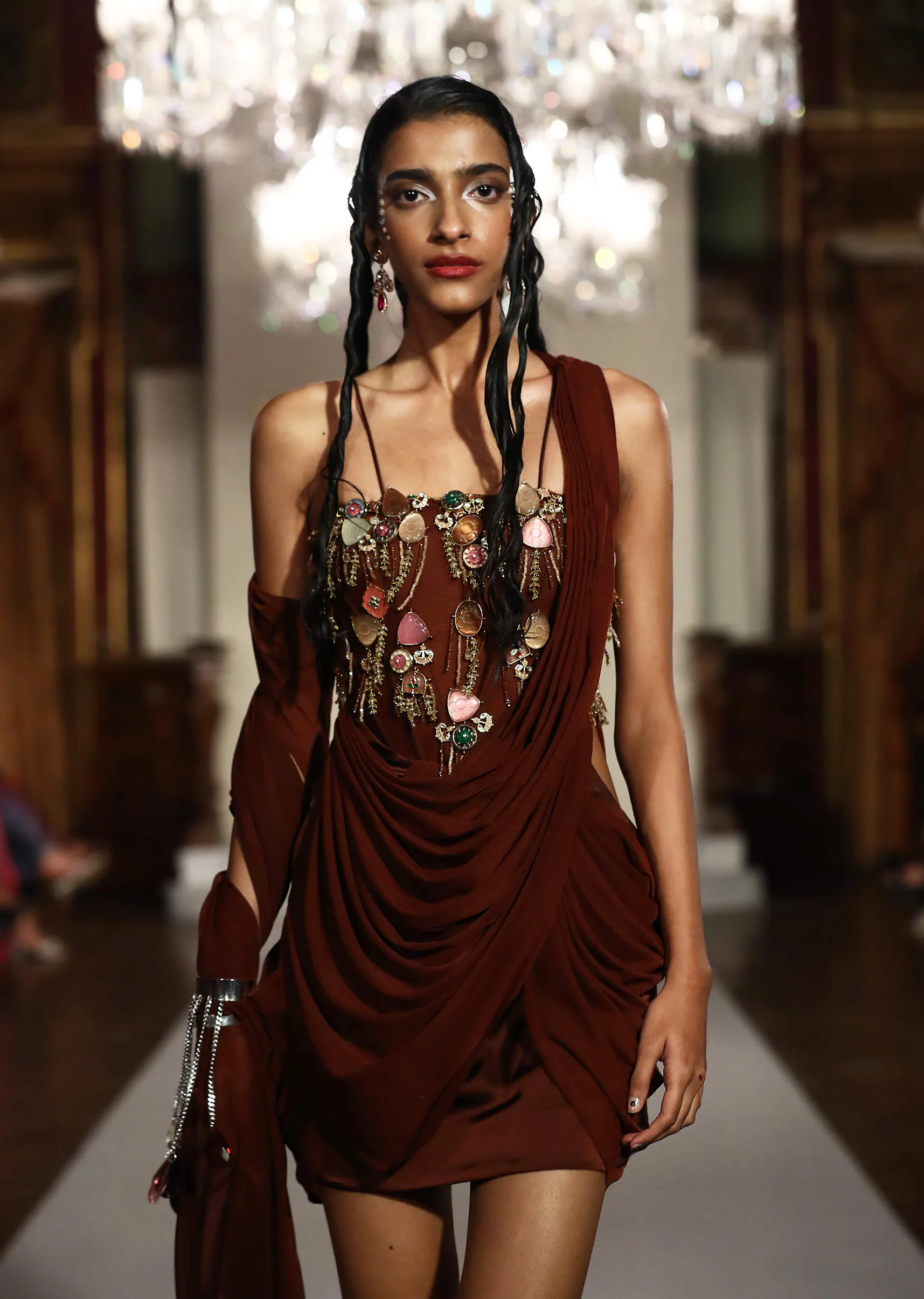 Brown Satin Bridal Mini Dress With Kundan Embroidery - Image 2