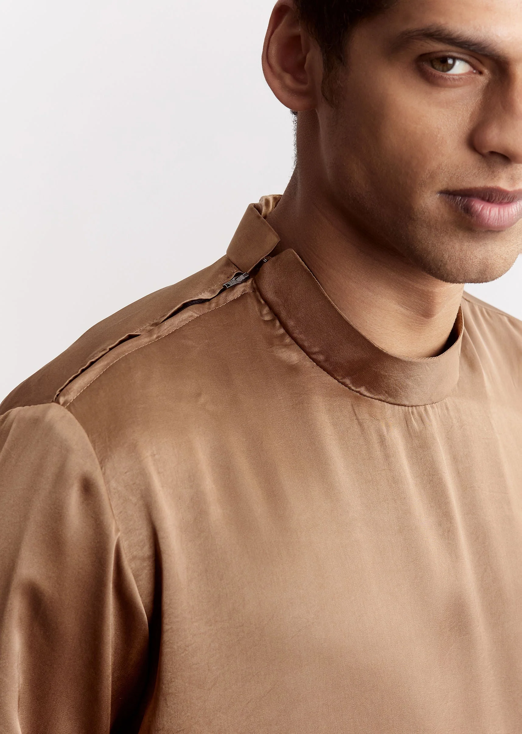 Brown Satin Jacket Kurta Set With Metal Accents - Image 6