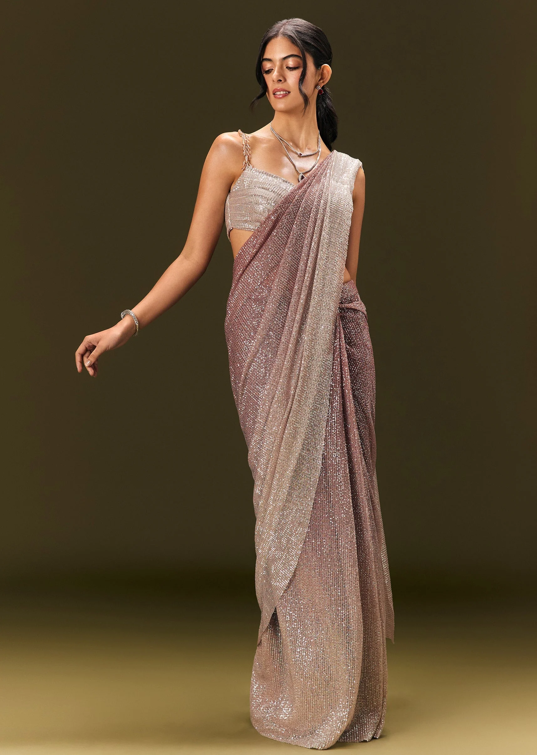 Brown Sequin Ready Pleated Saree With Stone Work