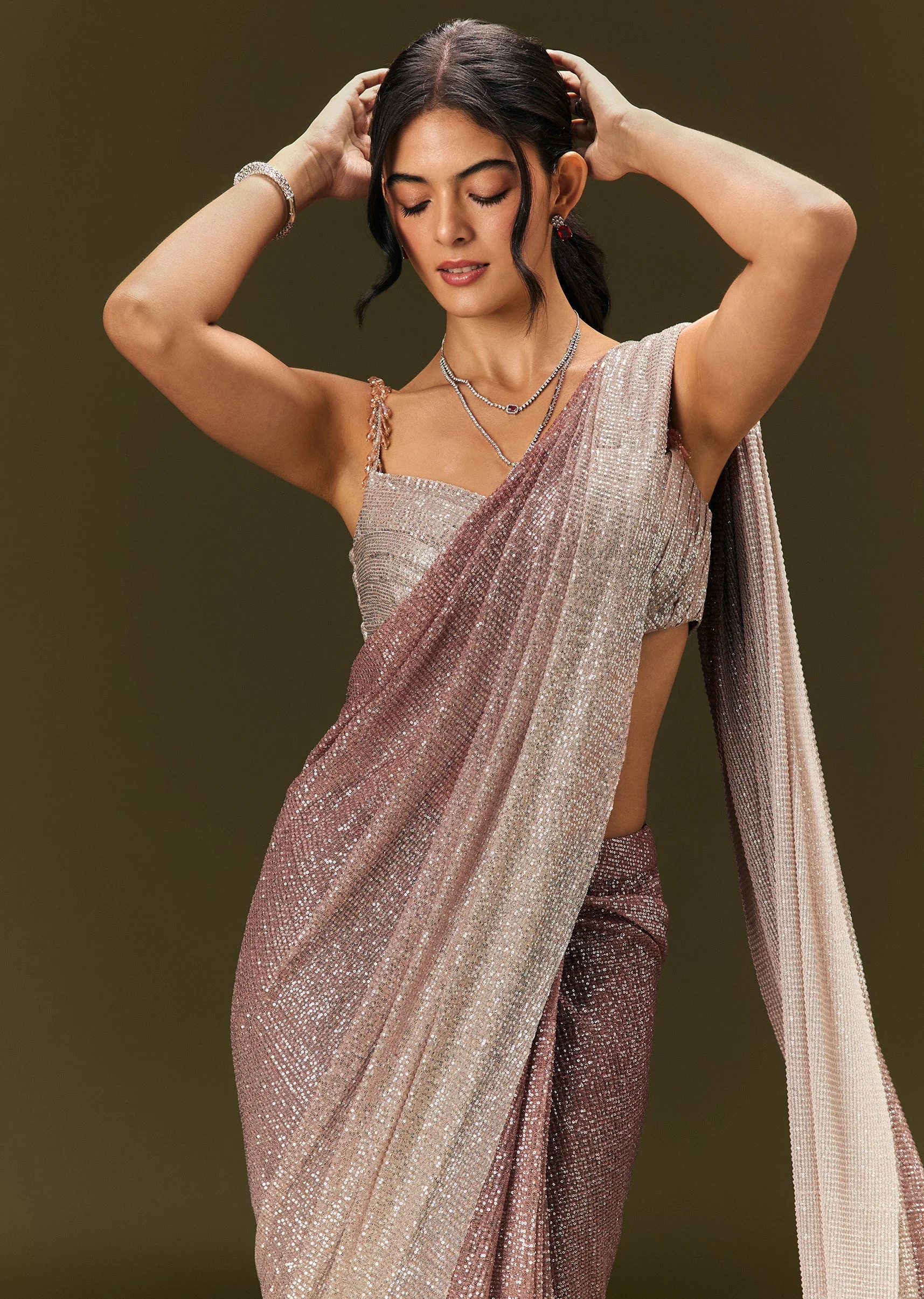 Brown Sequin Ready Pleated Saree With Stone Work - Image 2