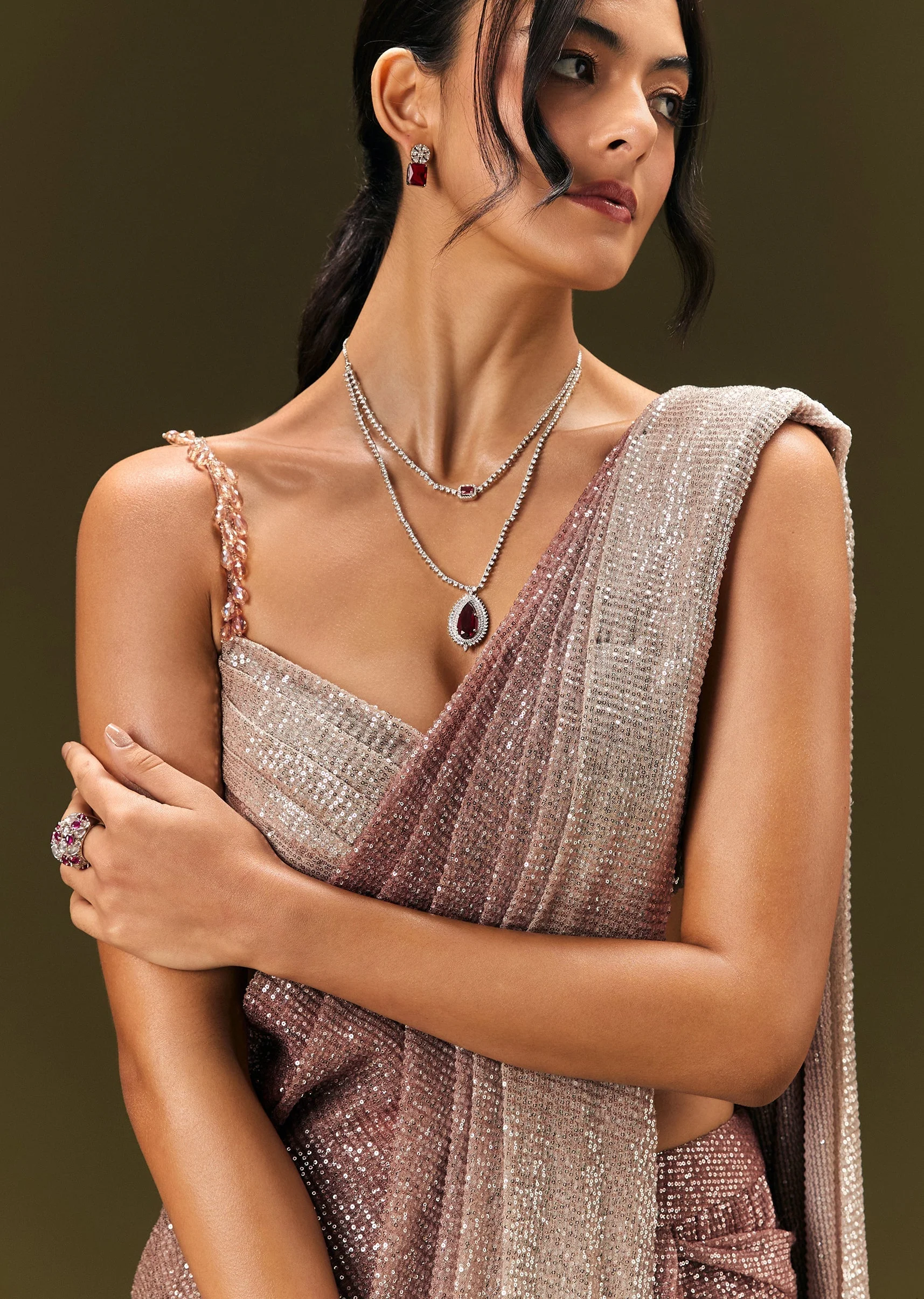 Brown Sequin Ready Pleated Saree With Stone Work - Image 3