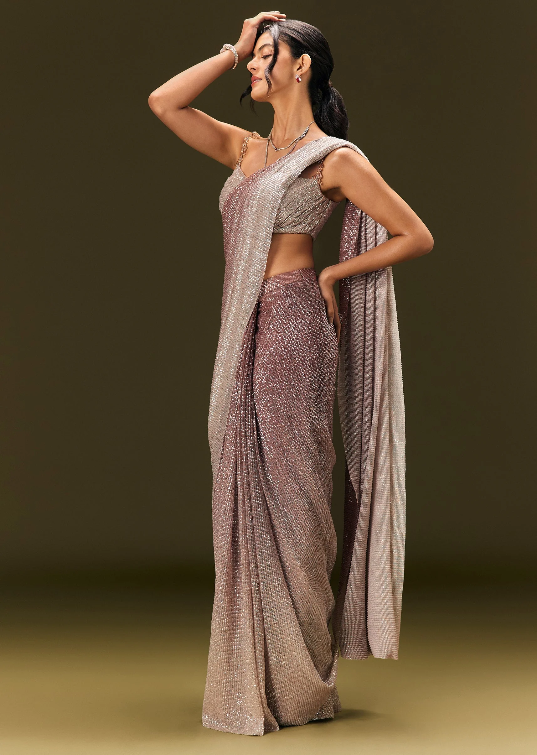 Brown Sequin Ready Pleated Saree With Stone Work - Image 4