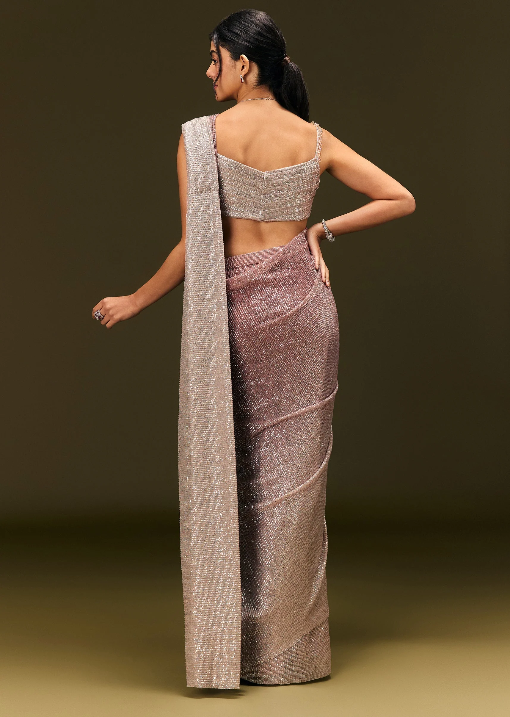 Brown Sequin Ready Pleated Saree With Stone Work - Image 5