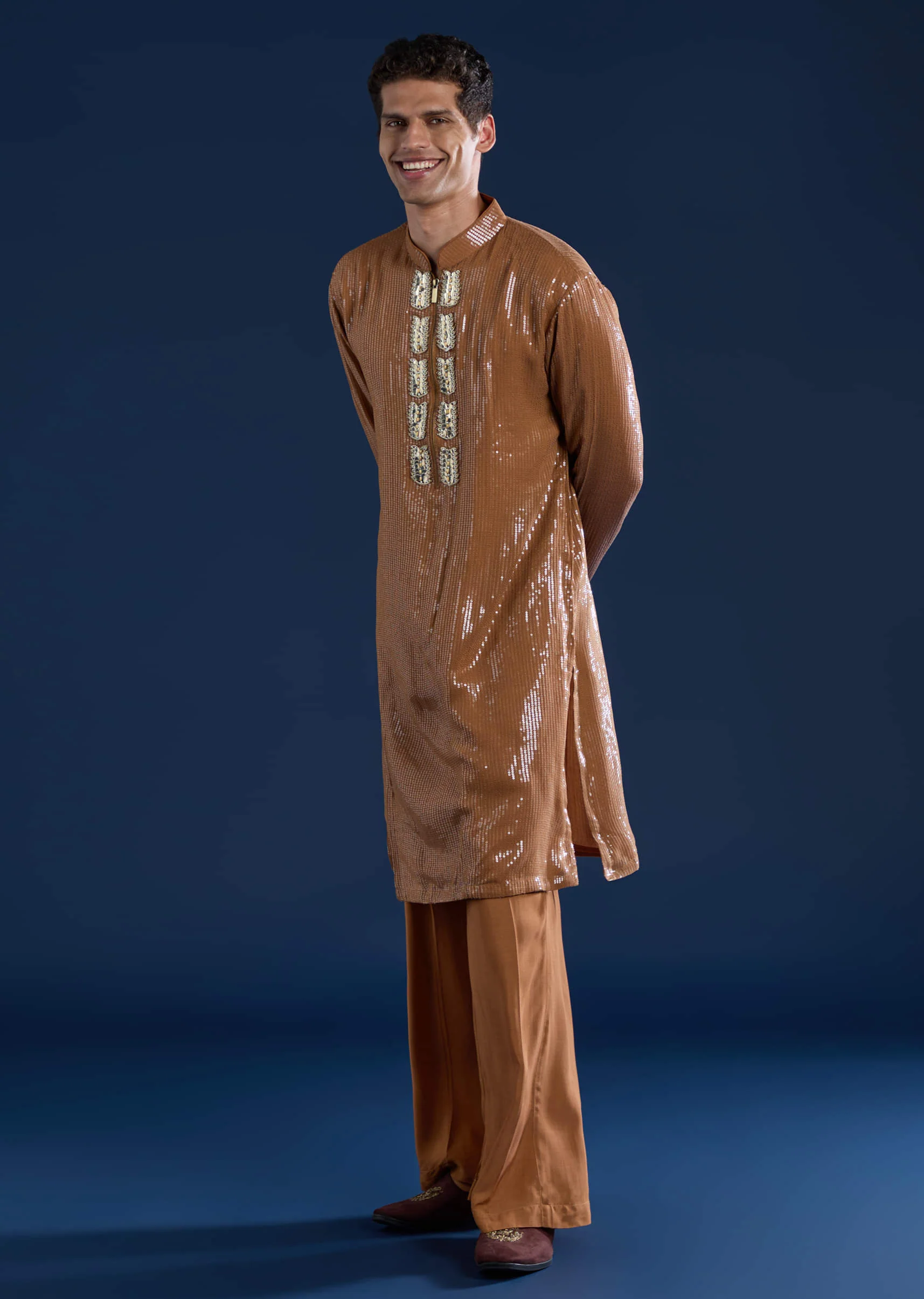 Brown Sequin Work Mens Kurta and Pant Set - Image 4
