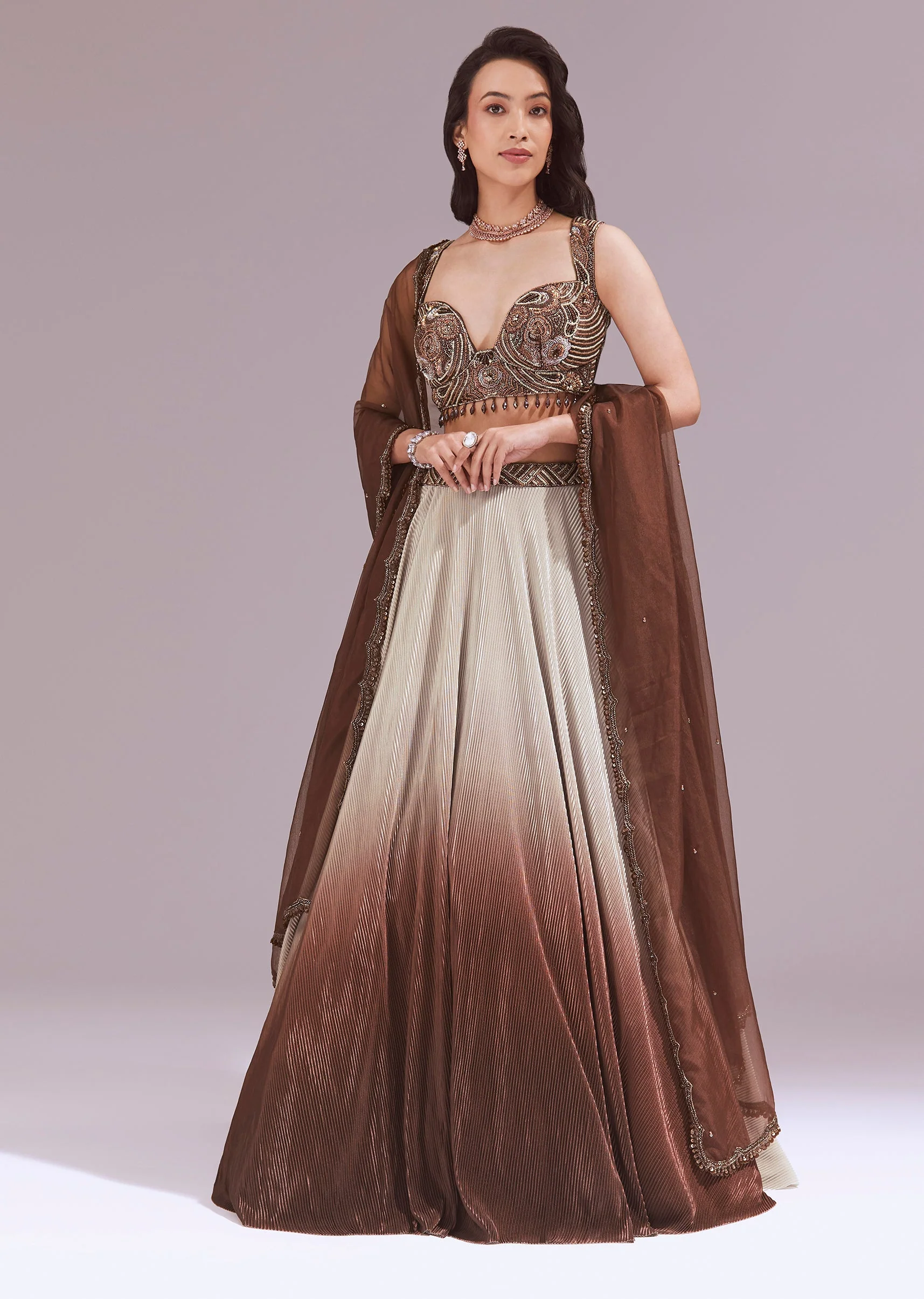 Brown Sequins Cut Dana And Beads Lehenga With Net Dupatta - Image 4
