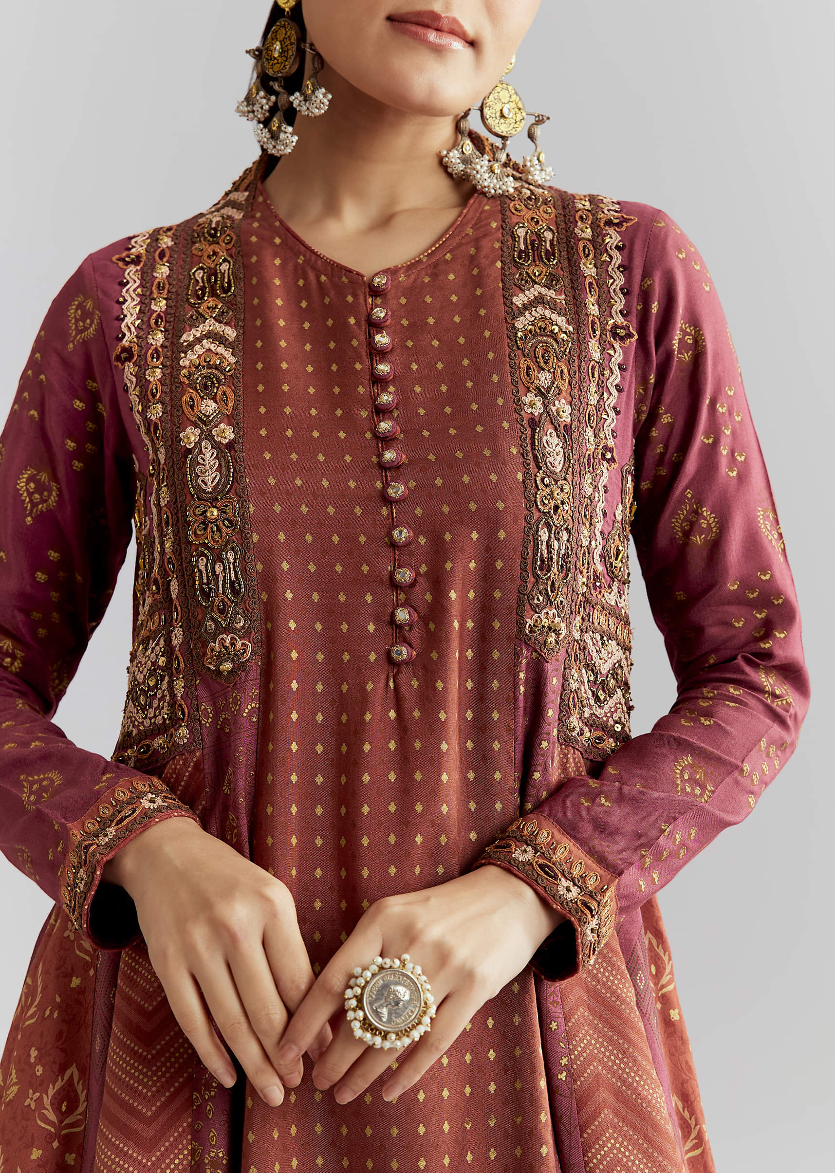 Brown Silk Anarkali Suit With Indie Print And Embroidery - Image 2