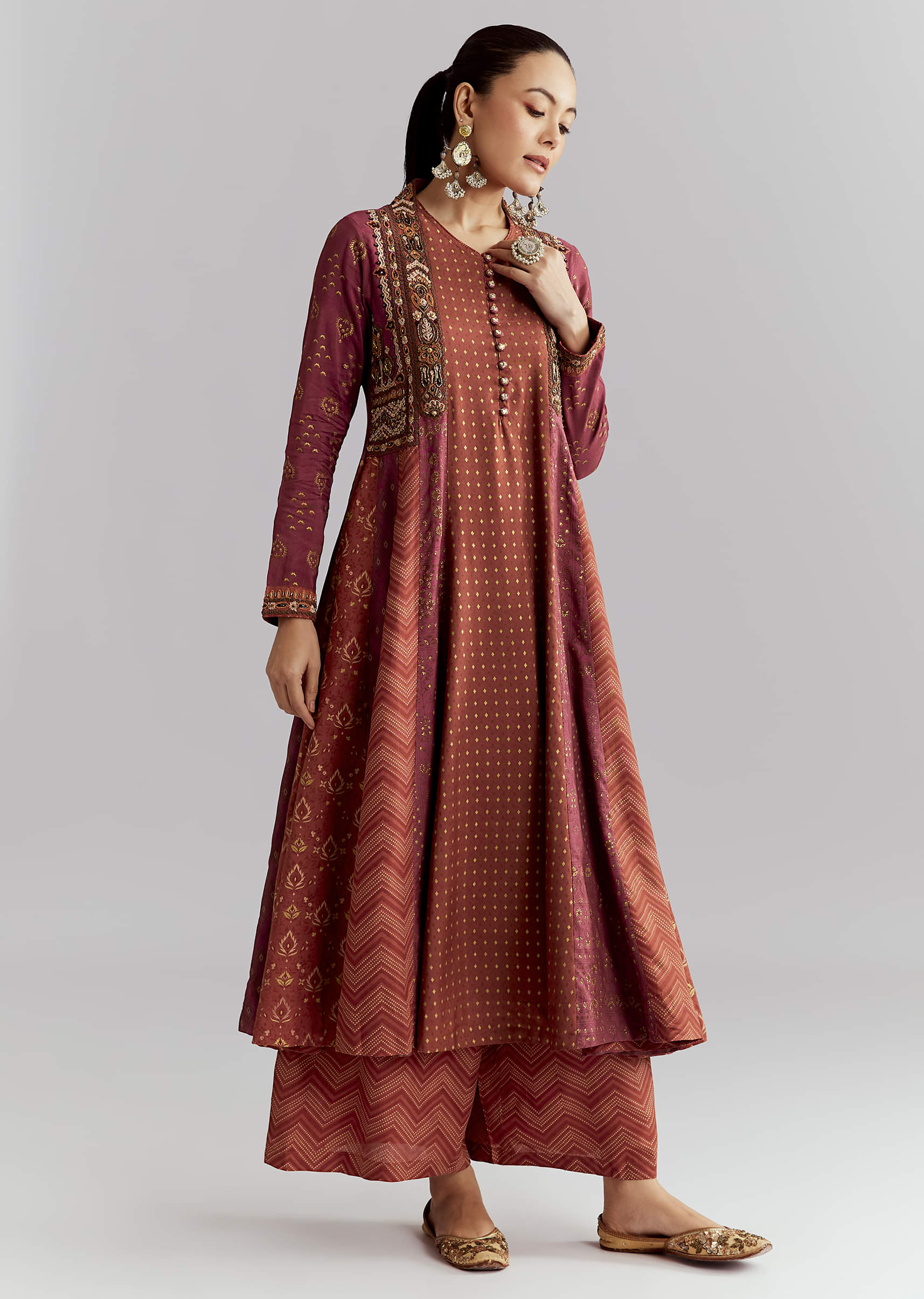 Brown Silk Anarkali Suit With Indie Print And Embroidery - Image 3