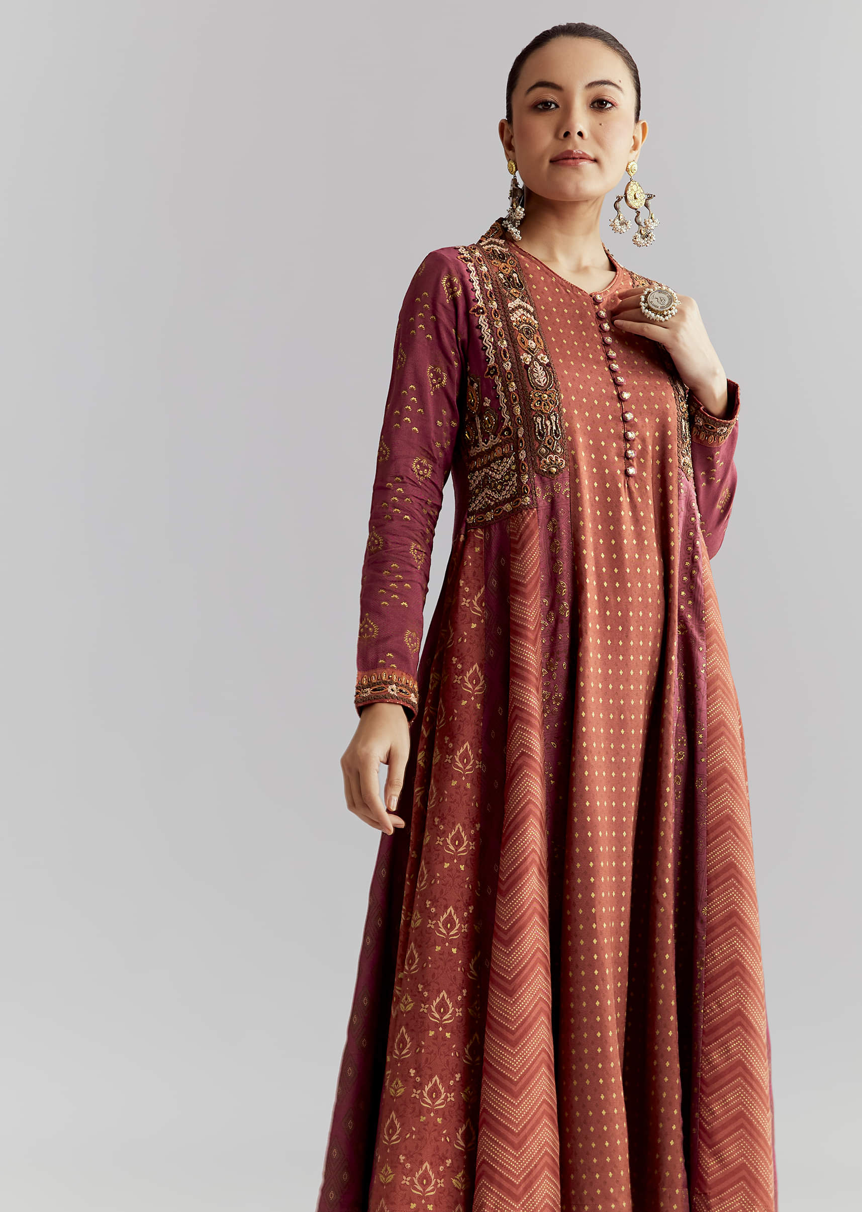 Brown Silk Anarkali Suit With Indie Print And Embroidery - Image 4