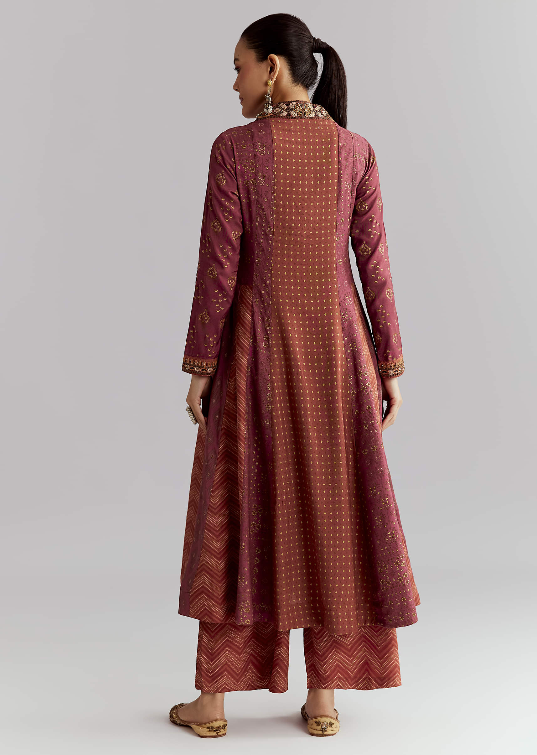 Brown Silk Anarkali Suit With Indie Print And Embroidery - Image 5
