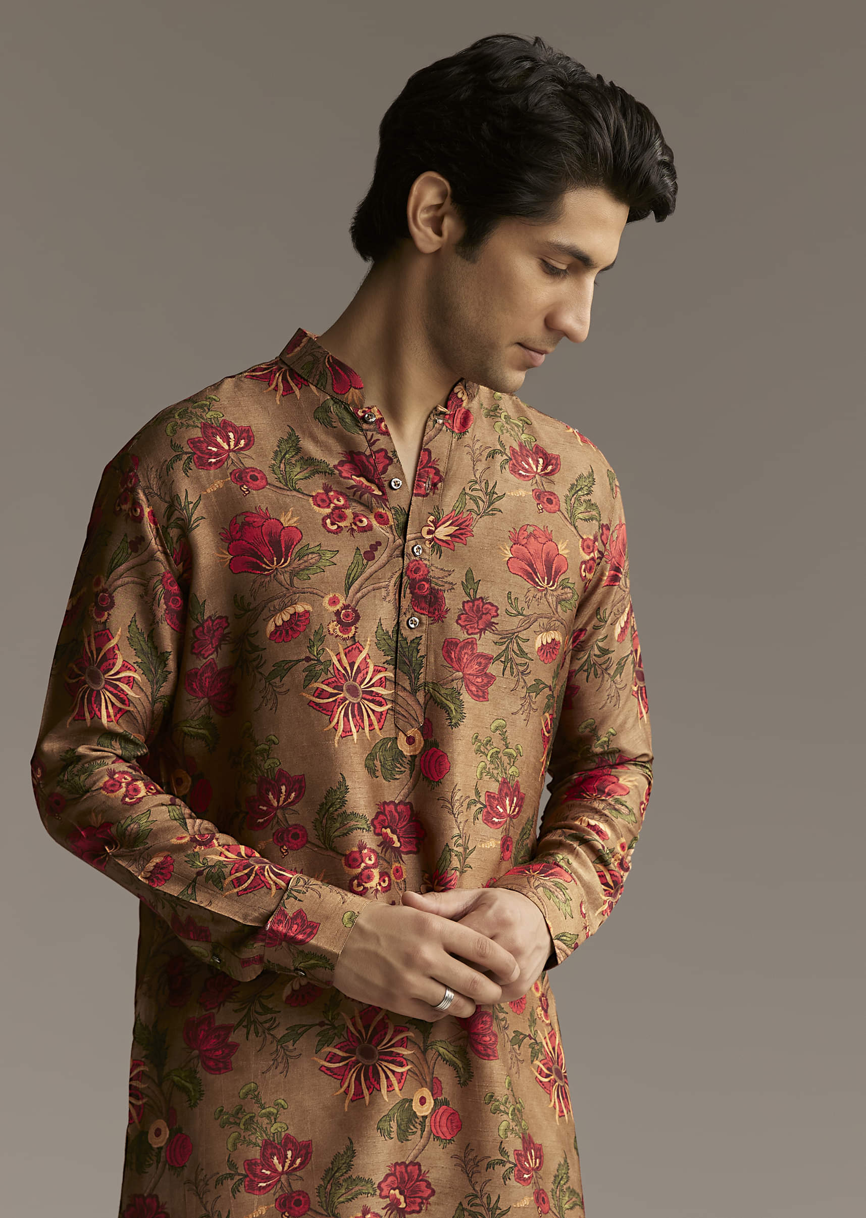 Brown Silk Designer Kurta For Men With Floral Print - Image 7