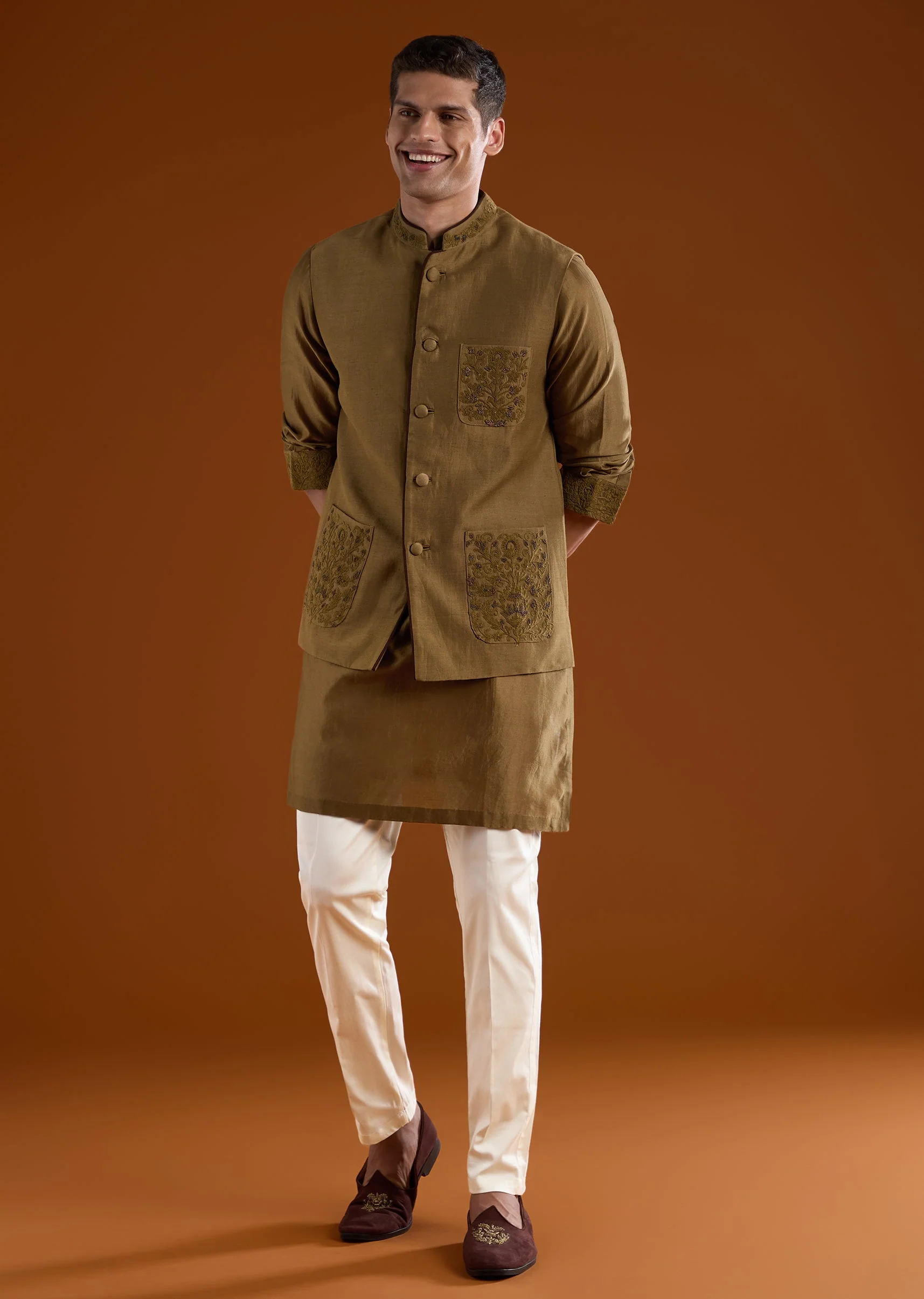 Brown Silk Kurta Set With Beads And Thread Work