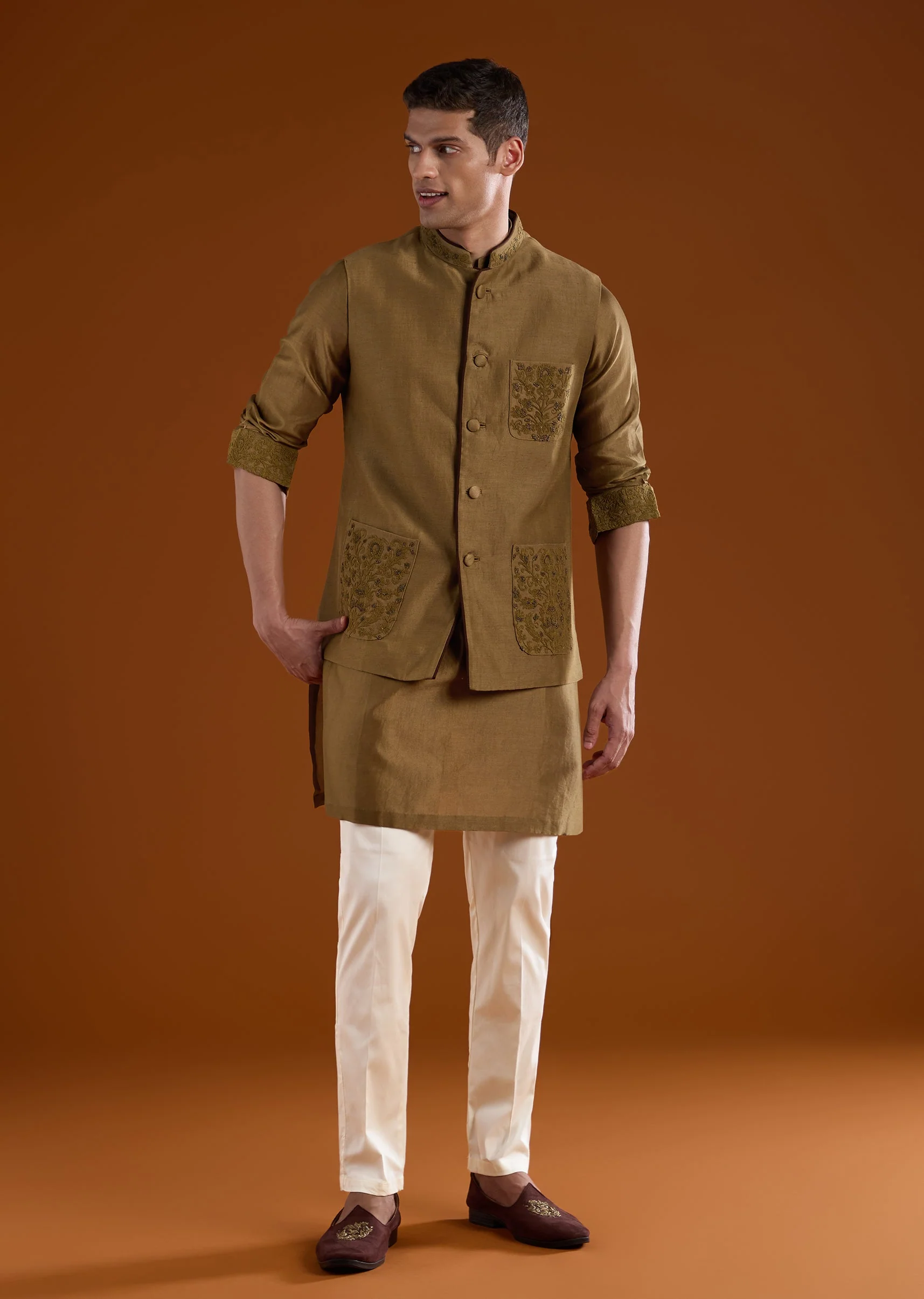 Brown Silk Kurta Set With Beads And Thread Work - Image 3