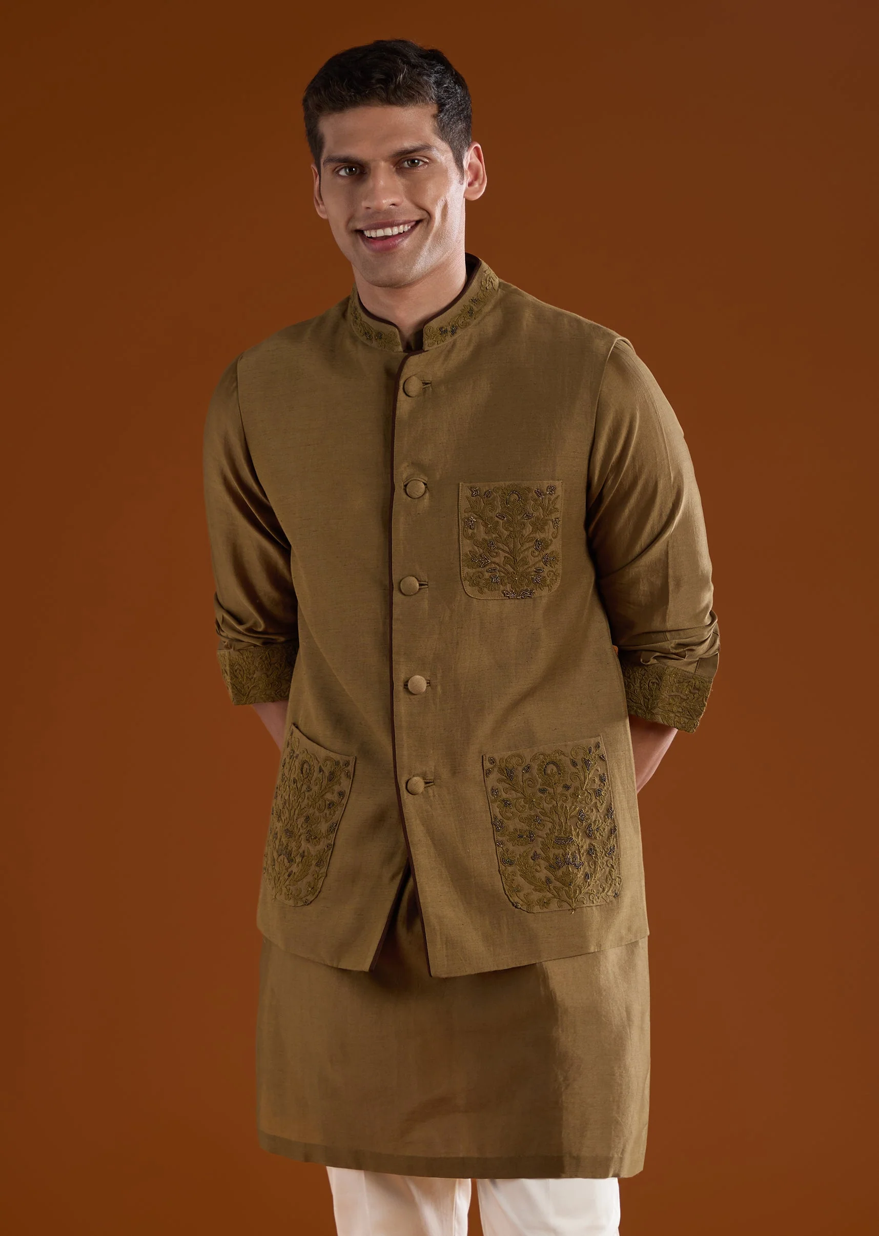 Brown Silk Kurta Set With Beads And Thread Work - Image 4