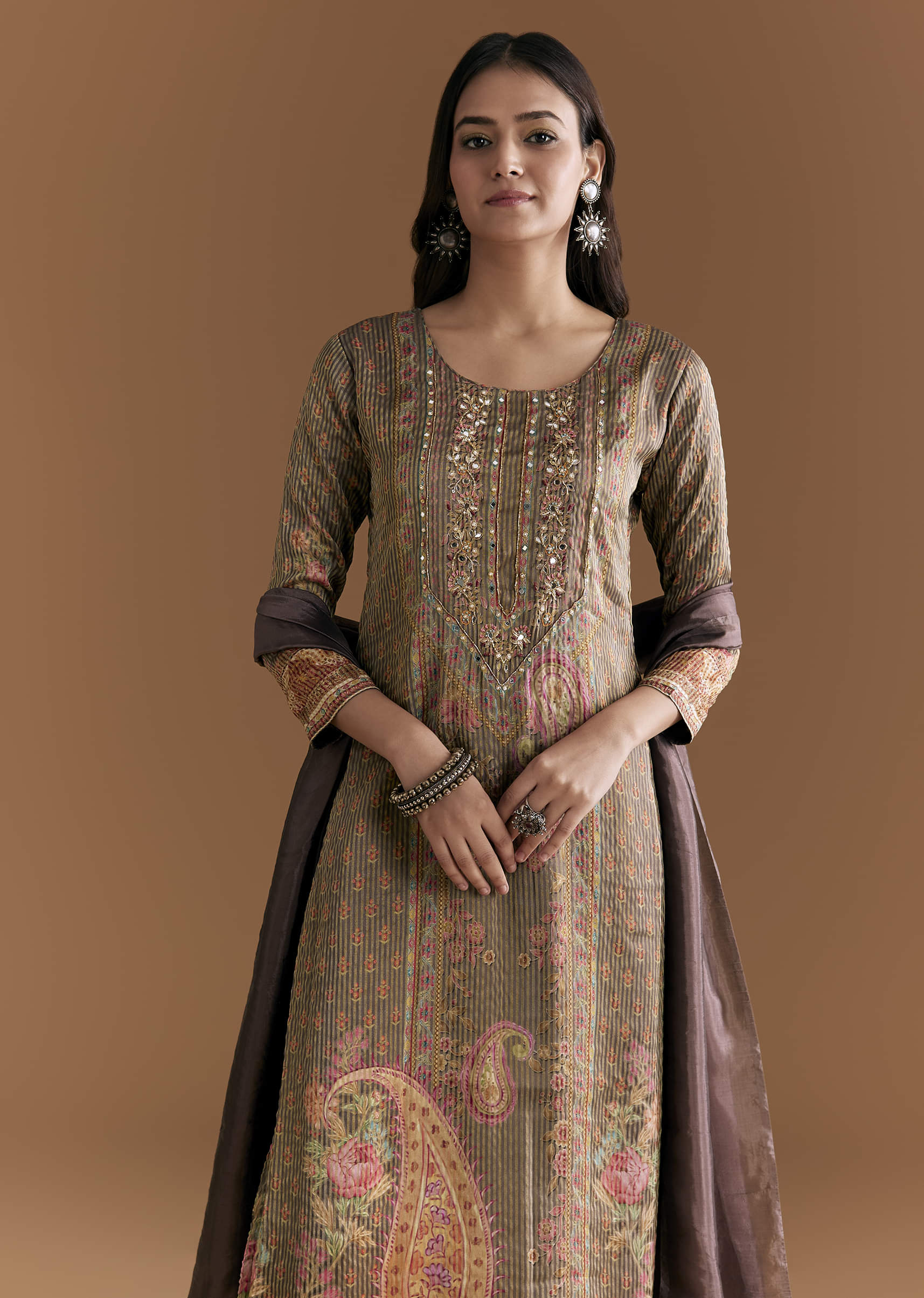 Brown Silk Kurta Set With Floral And Paisley Print - Image 4