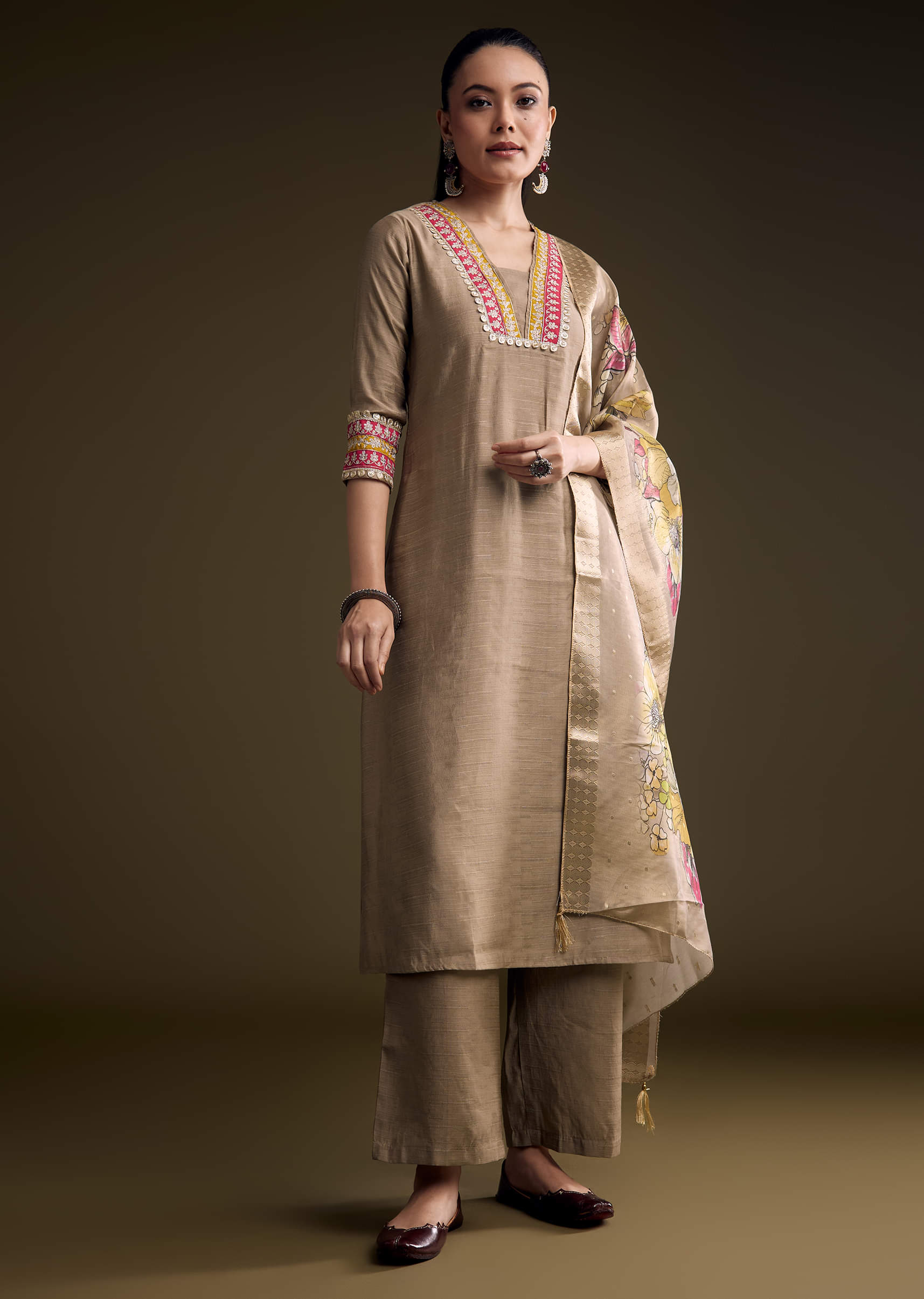 Brown Silk Kurta Set With Zari And Gota Work - Image 2
