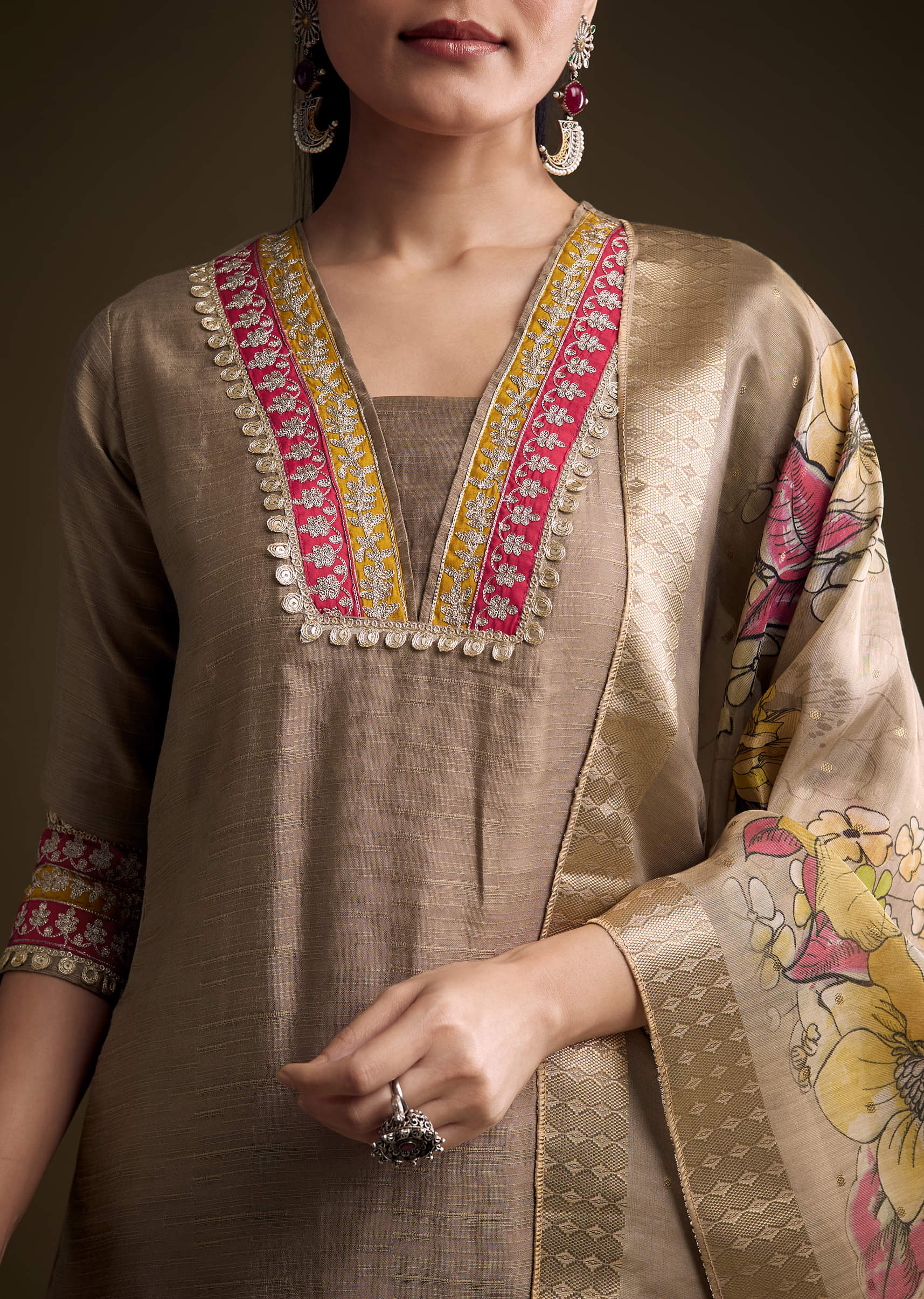 Brown Silk Kurta Set With Zari And Gota Work - Image 3