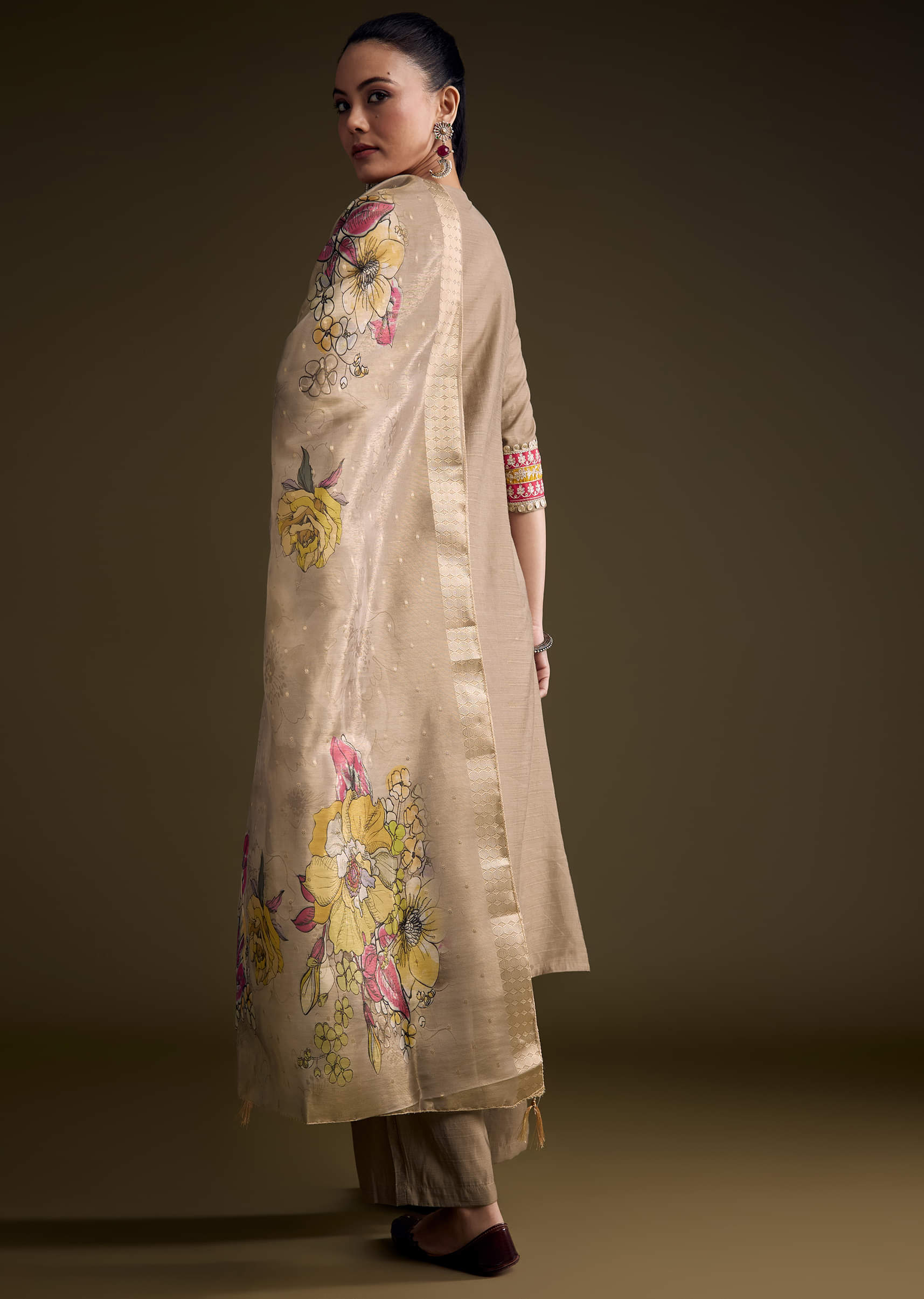 Brown Silk Kurta Set With Zari And Gota Work - Image 5