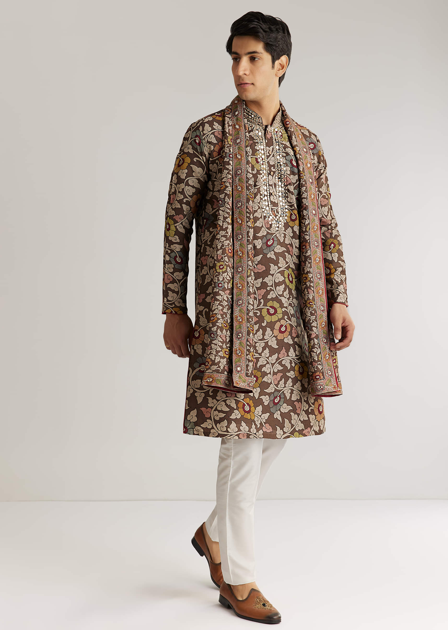Brown Silk Mirron Threadwork Kurta Set With Dupatta - Image 2