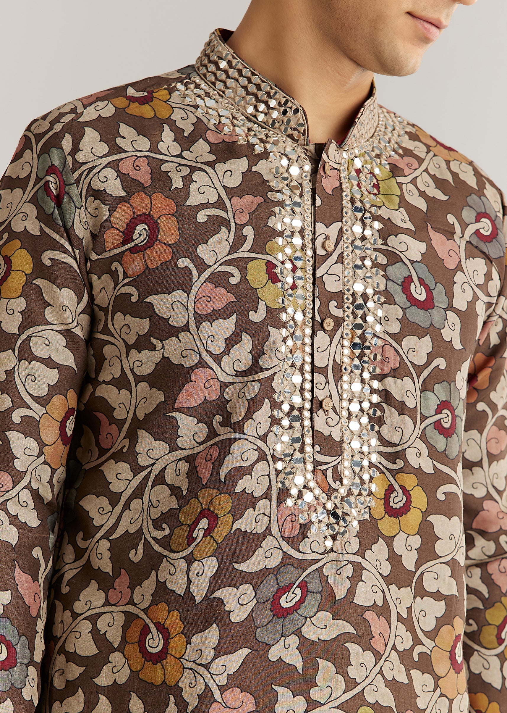 Brown Silk Mirron Threadwork Kurta Set With Dupatta - Image 3