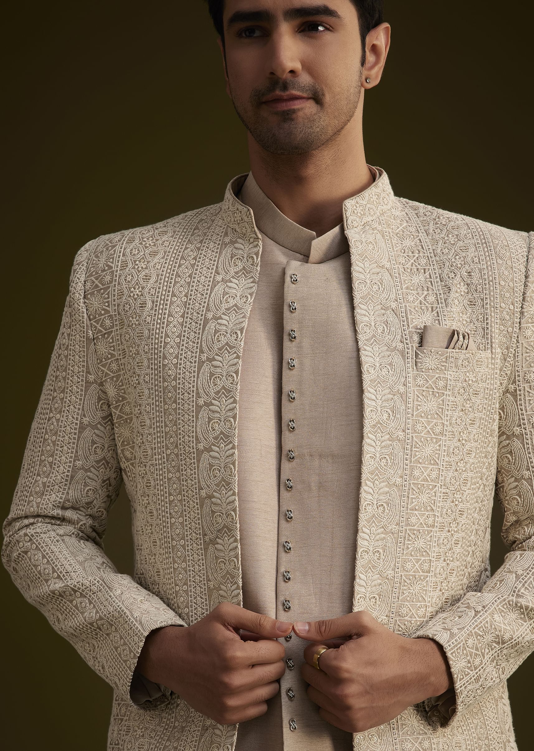 Brown Silk Open Style Sherwani Set With Resham Thread Work - Image 2