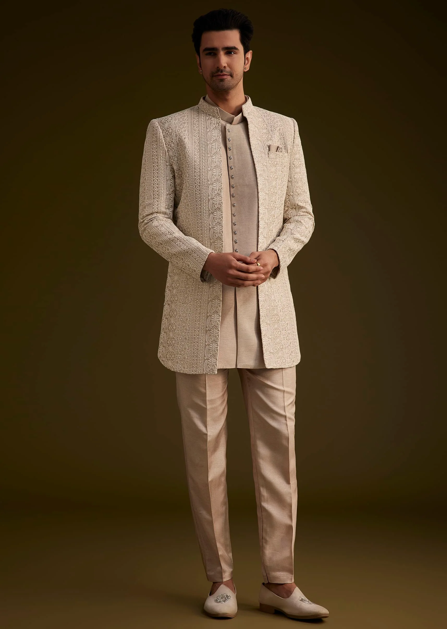 Brown Silk Open Style Sherwani Set With Resham Thread Work - Image 3