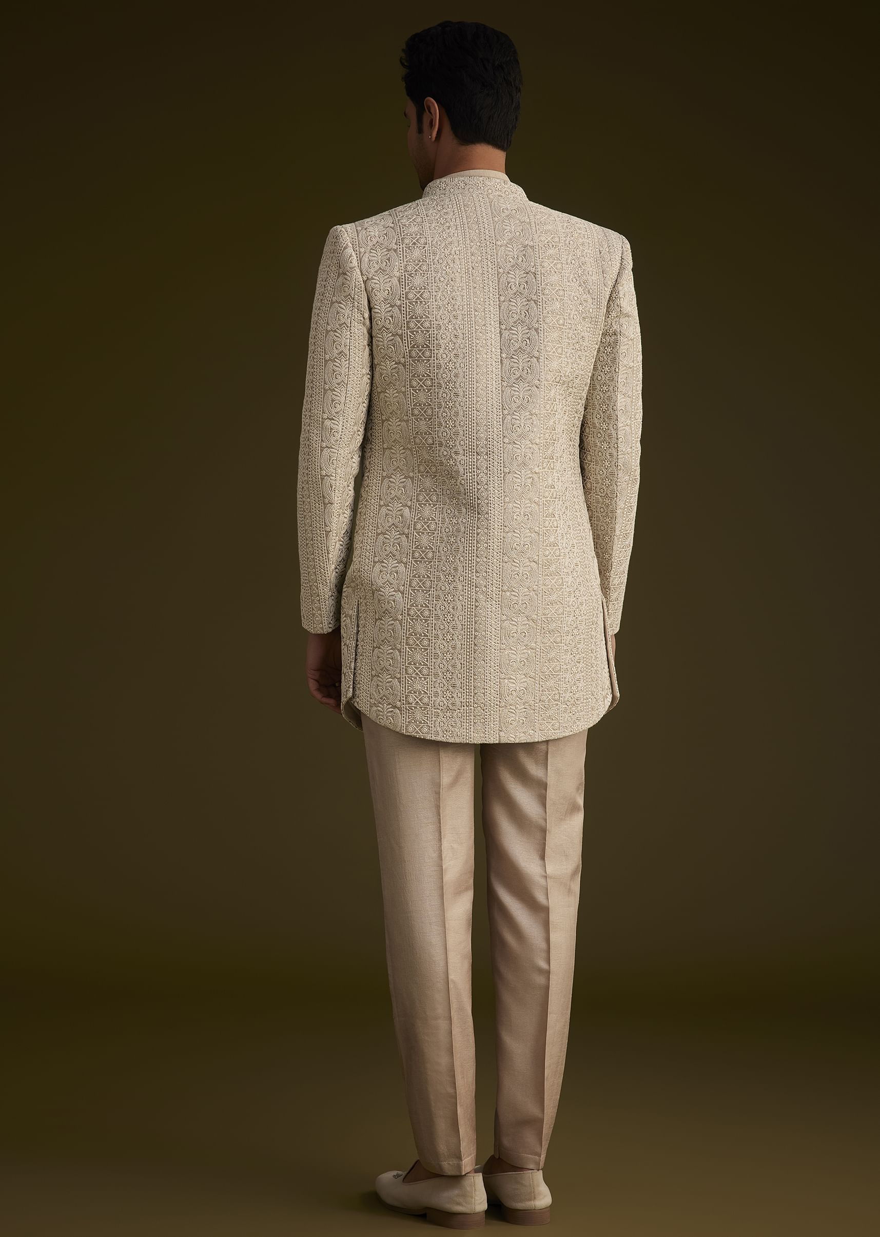 Brown Silk Open Style Sherwani Set With Resham Thread Work - Image 4