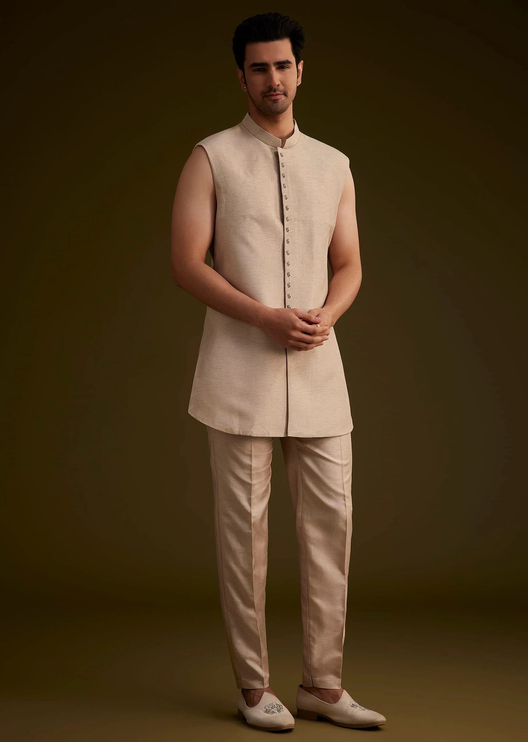 Brown Silk Open Style Sherwani Set With Resham Thread Work - Image 5