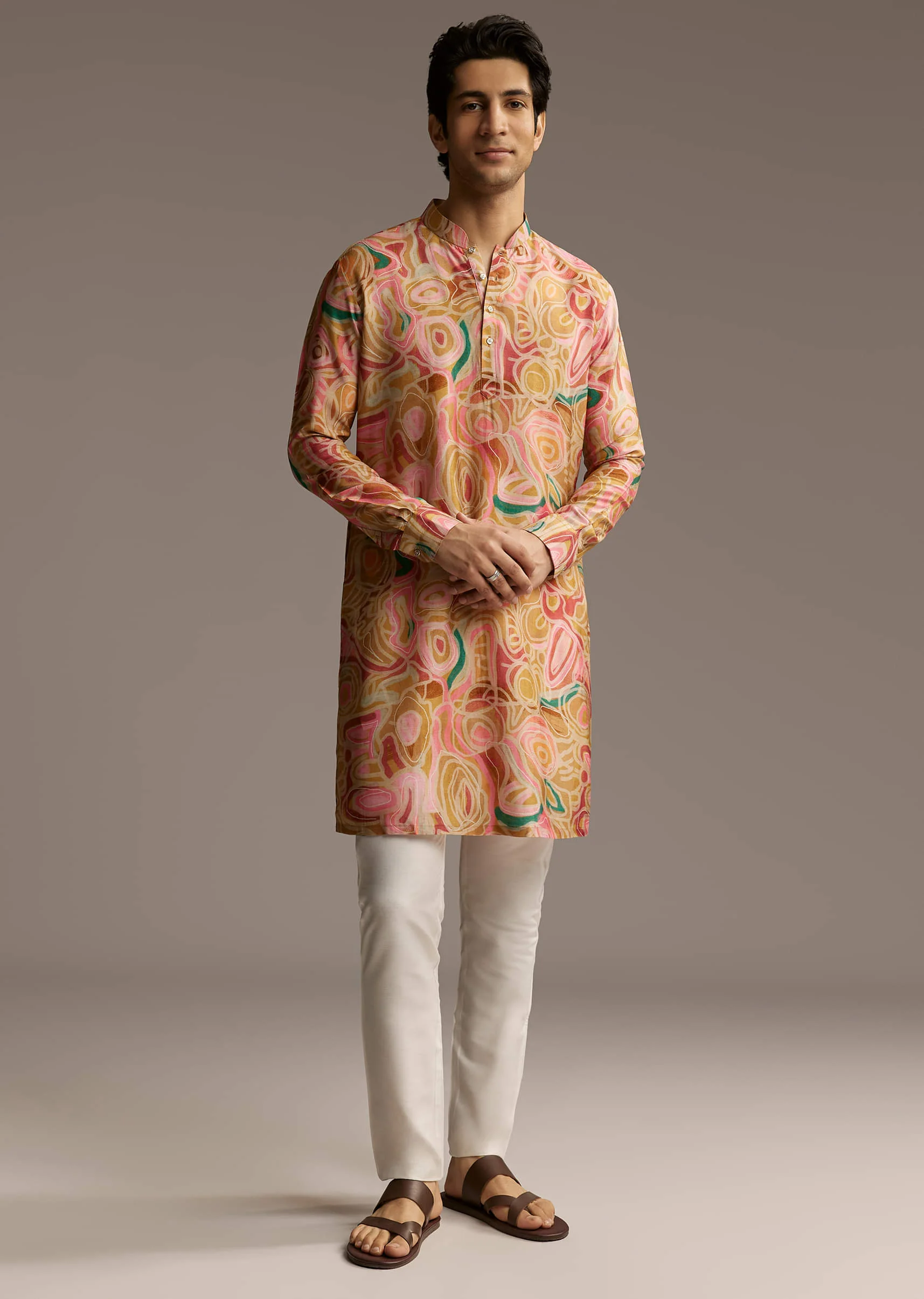 Brown Silk Printed Designer Kurta For Men With Print - Image 4