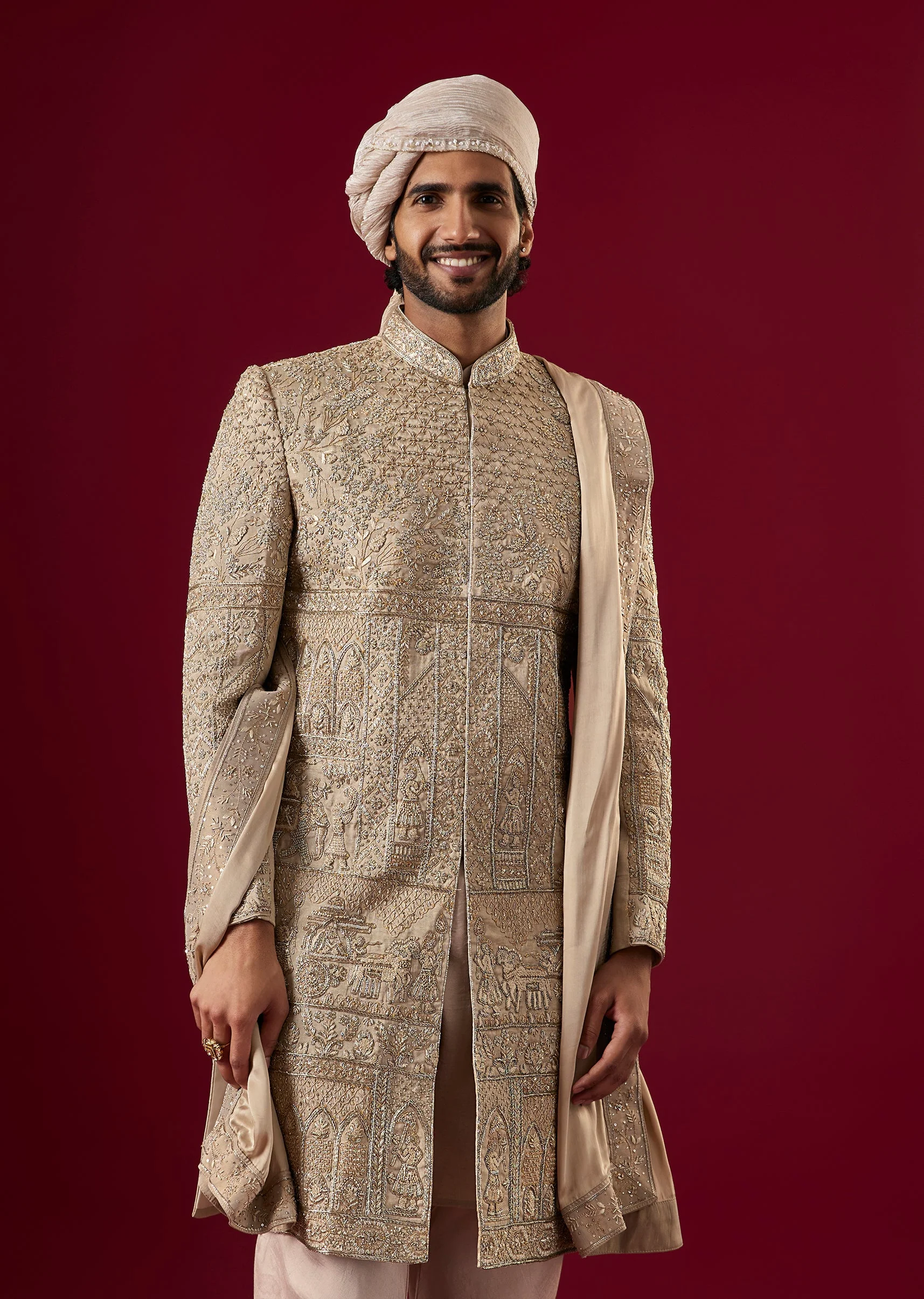 Brown Silk Tissue Sherwani Set With Zardosi Work - Image 2
