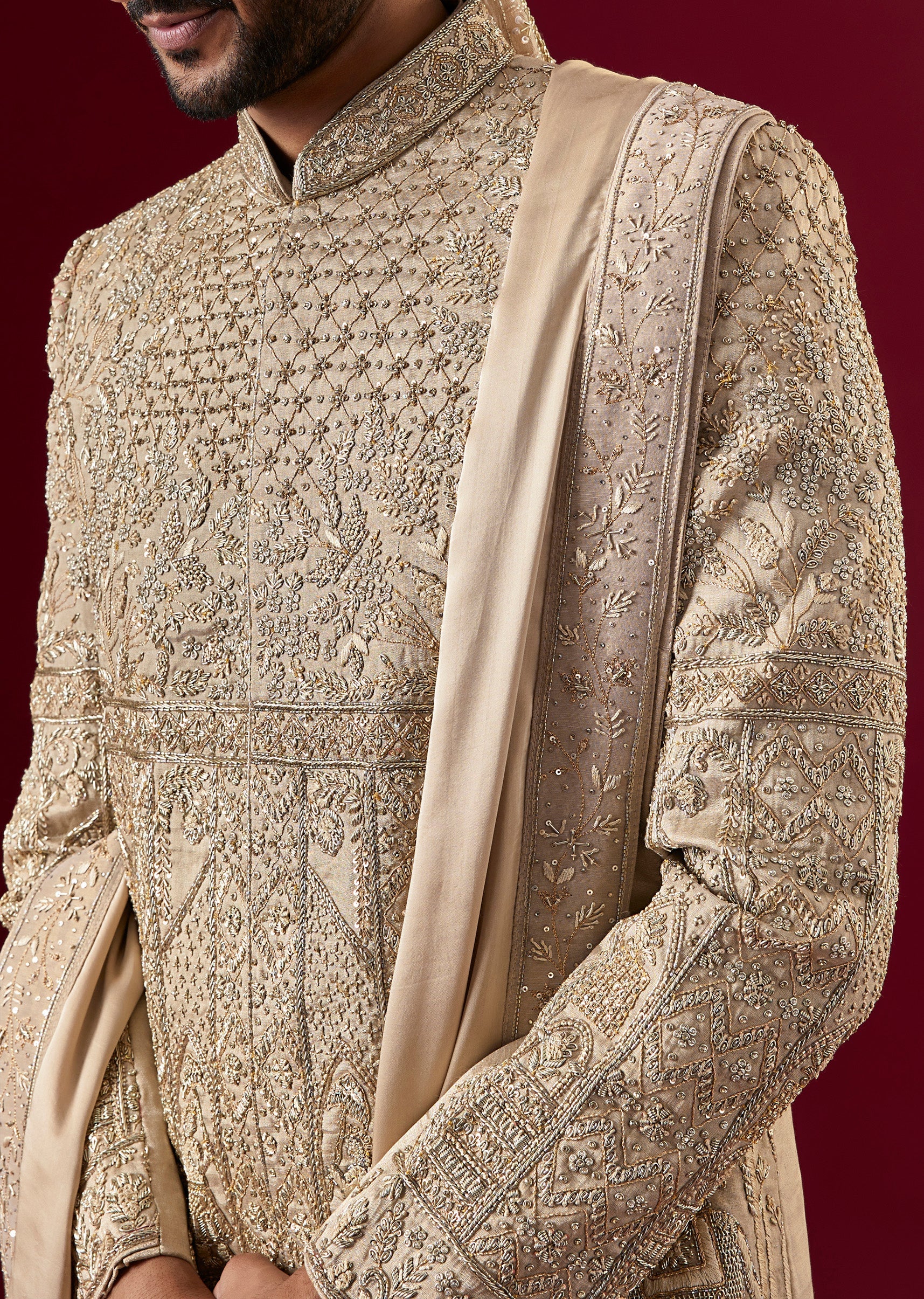 Brown Silk Tissue Sherwani Set With Zardosi Work - Image 5