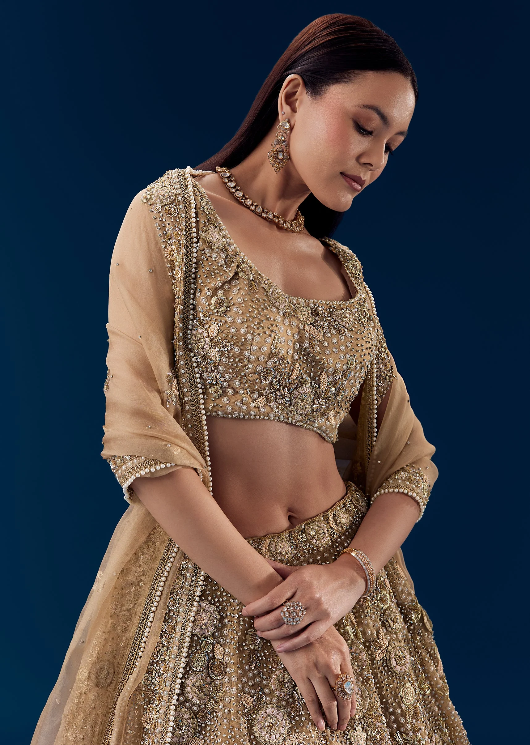 Brown Silk Zari Embellished Bridal Lehenga Set - Image 3