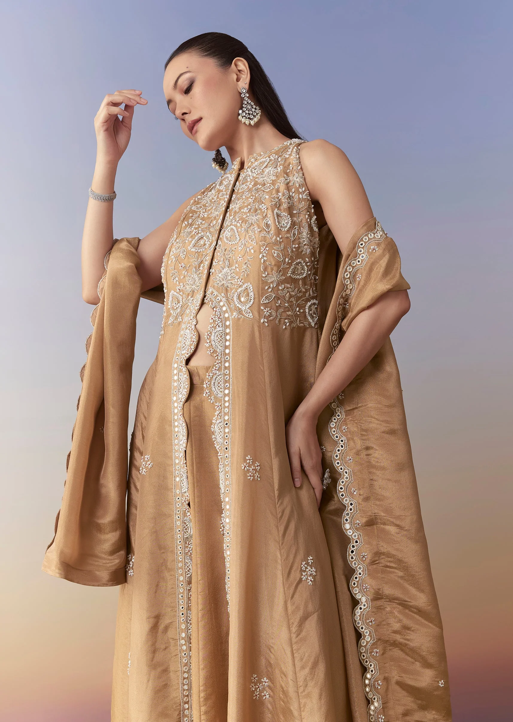 Brown Slit Anarkali Set with Cutdana Work - Image 4