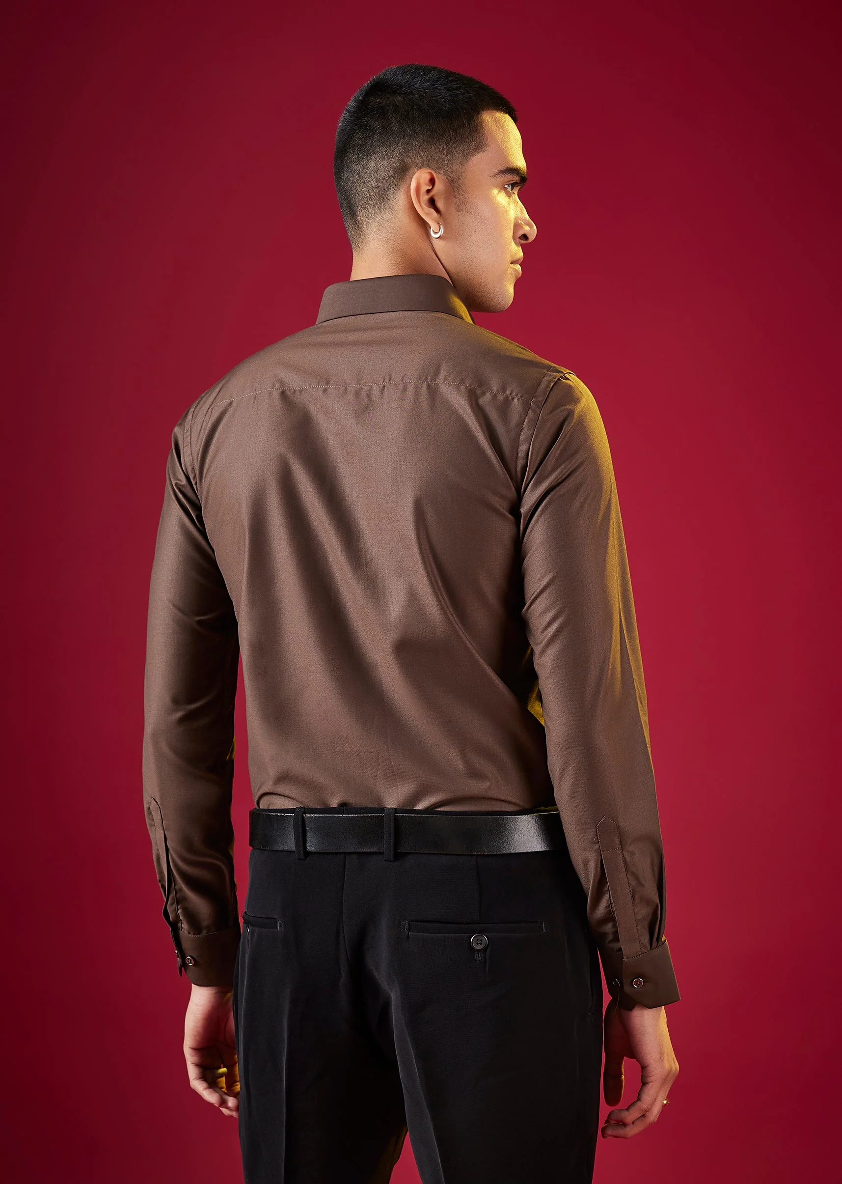Brown Solid Button Front Mens Shirt - Image 4