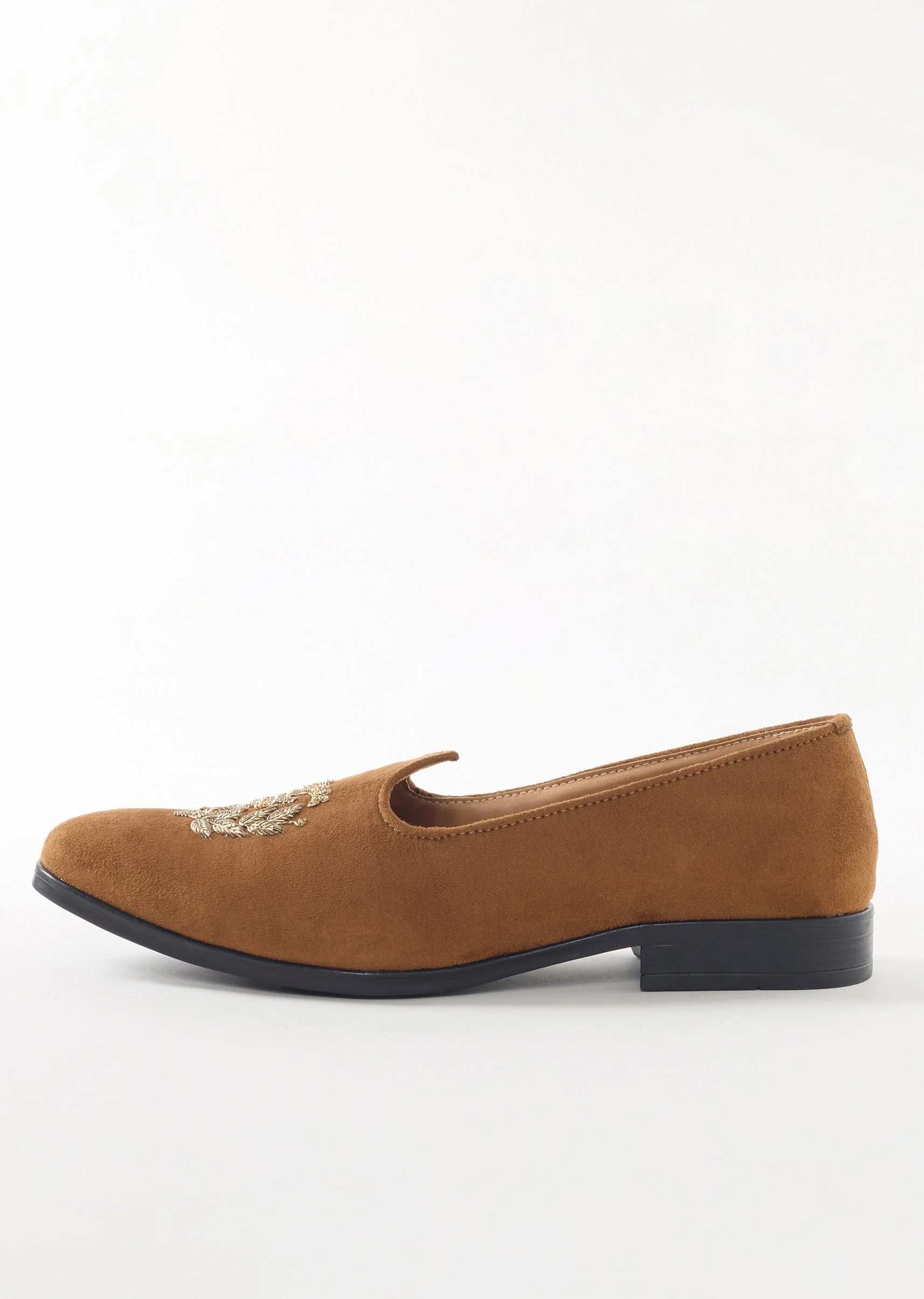 Brown Suede Ethnic Jutti With Metallic Embroidery For Men - Image 4