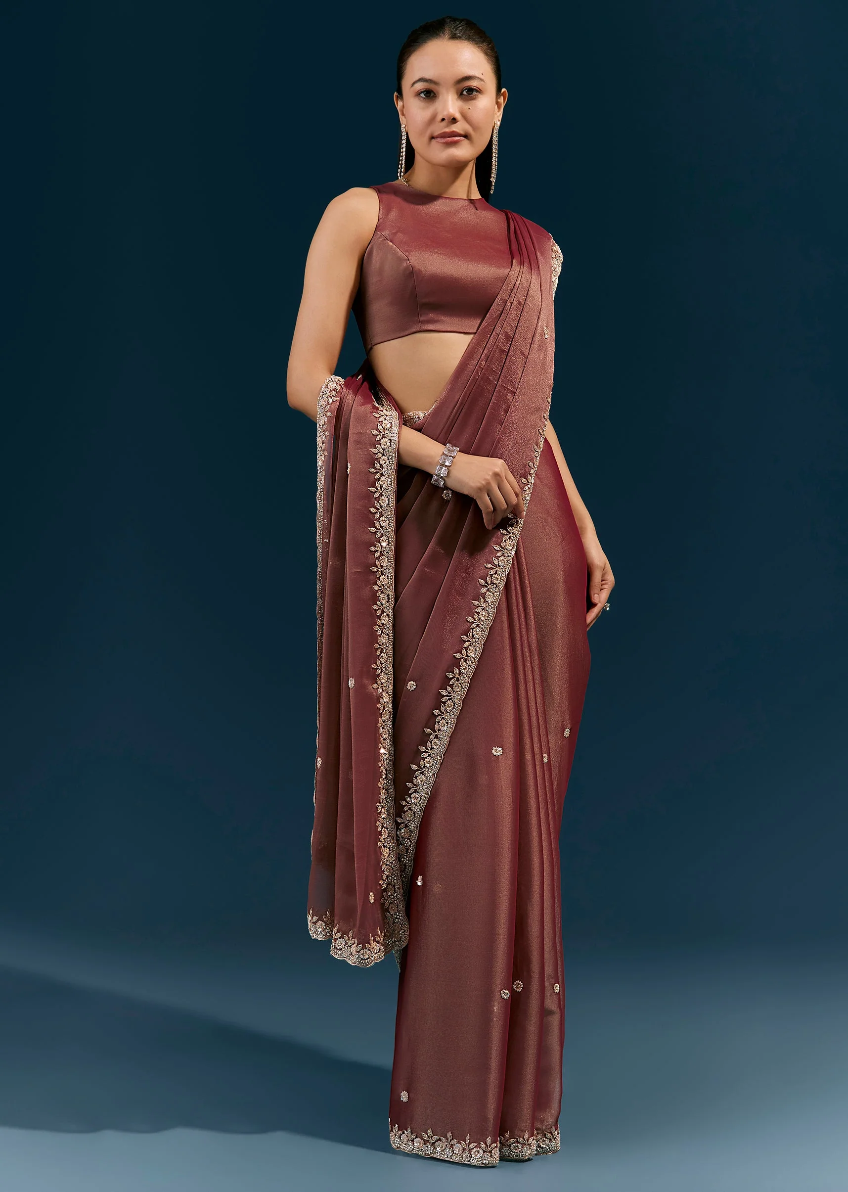 Brown Tissue Saree With Floral Embroidered Border And Delicate Butti Work - Image 3