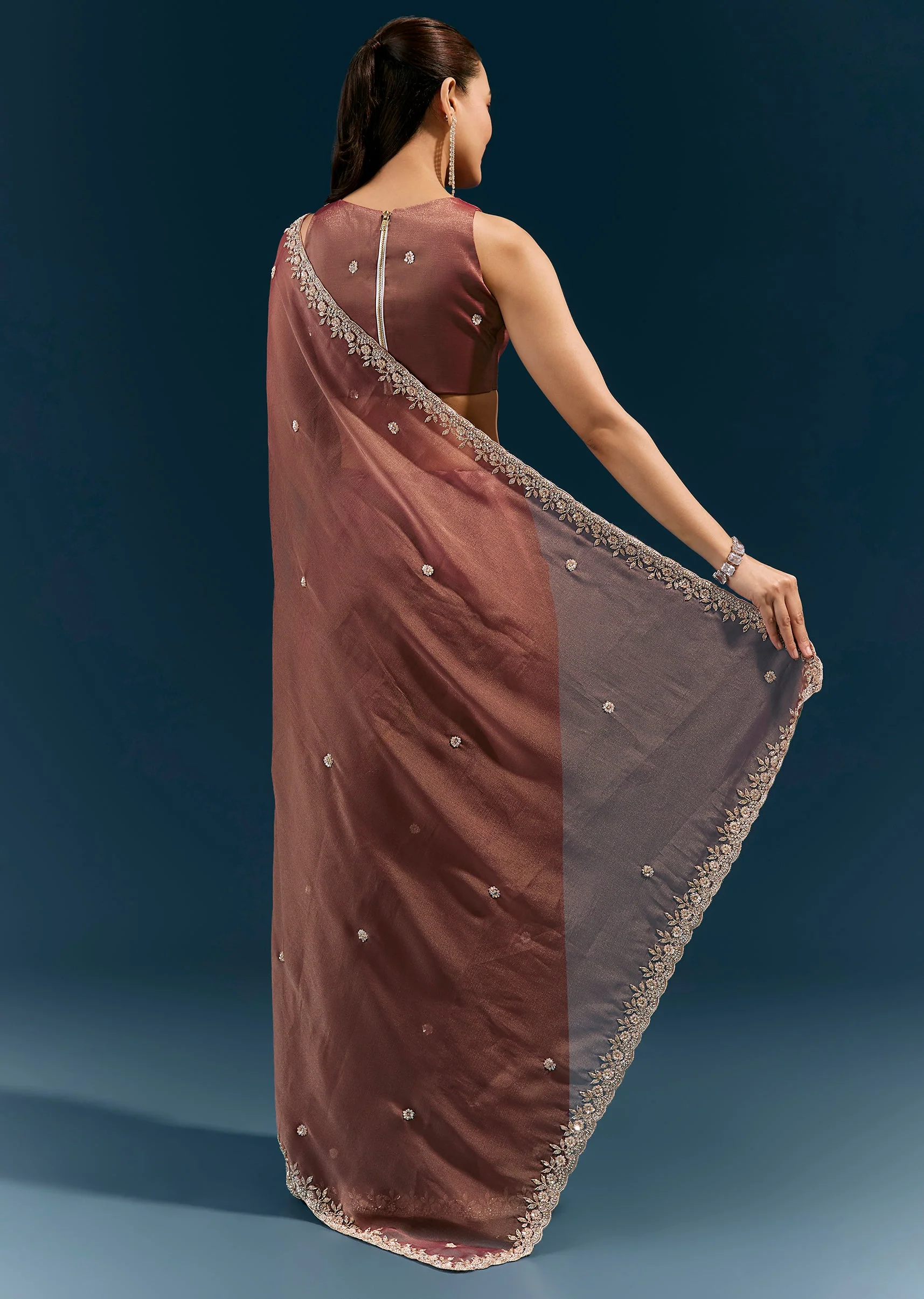 Brown Tissue Saree With Floral Embroidered Border And Delicate Butti Work - Image 4