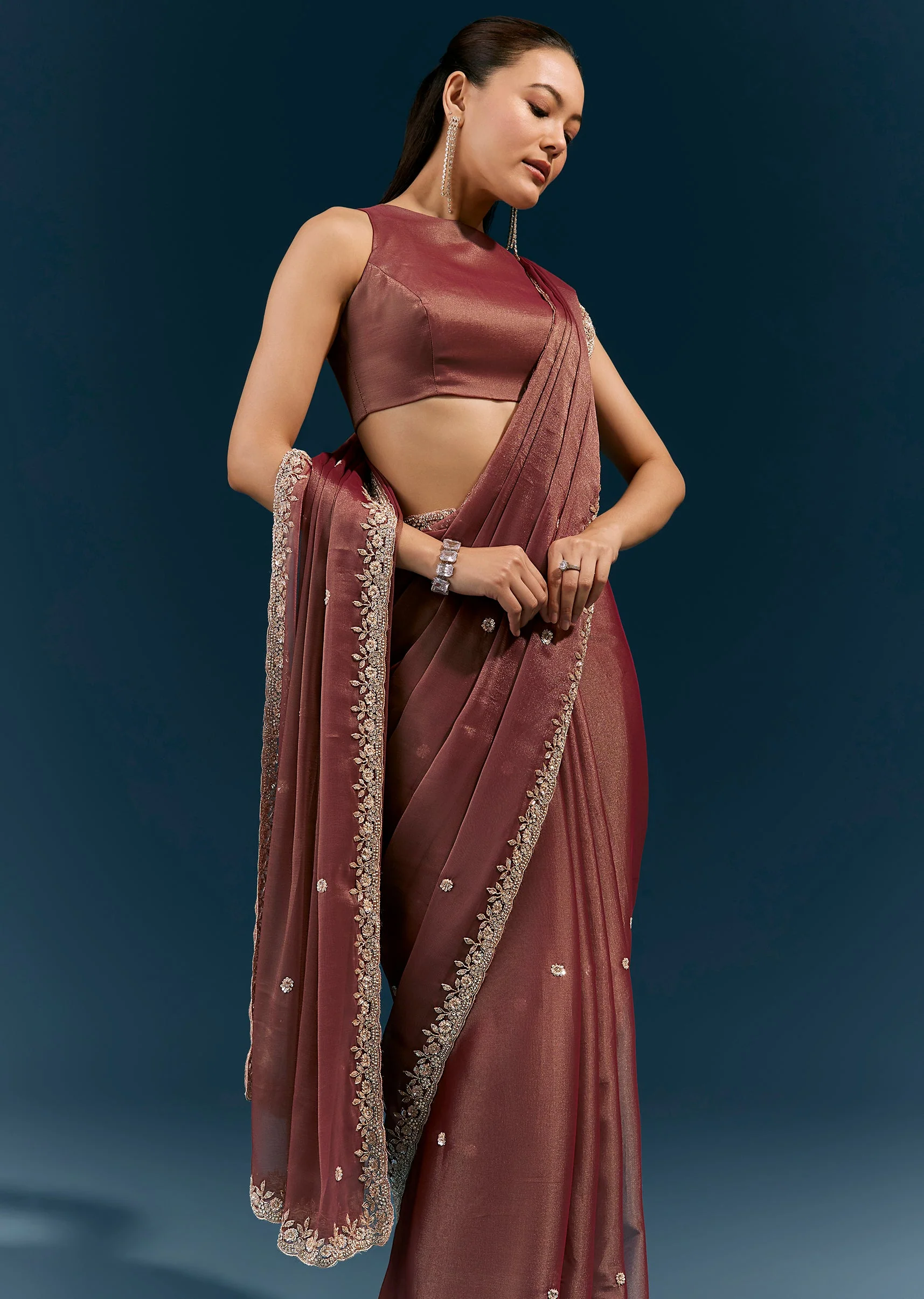 Brown Tissue Saree With Floral Embroidered Border And Delicate Butti Work - Image 5