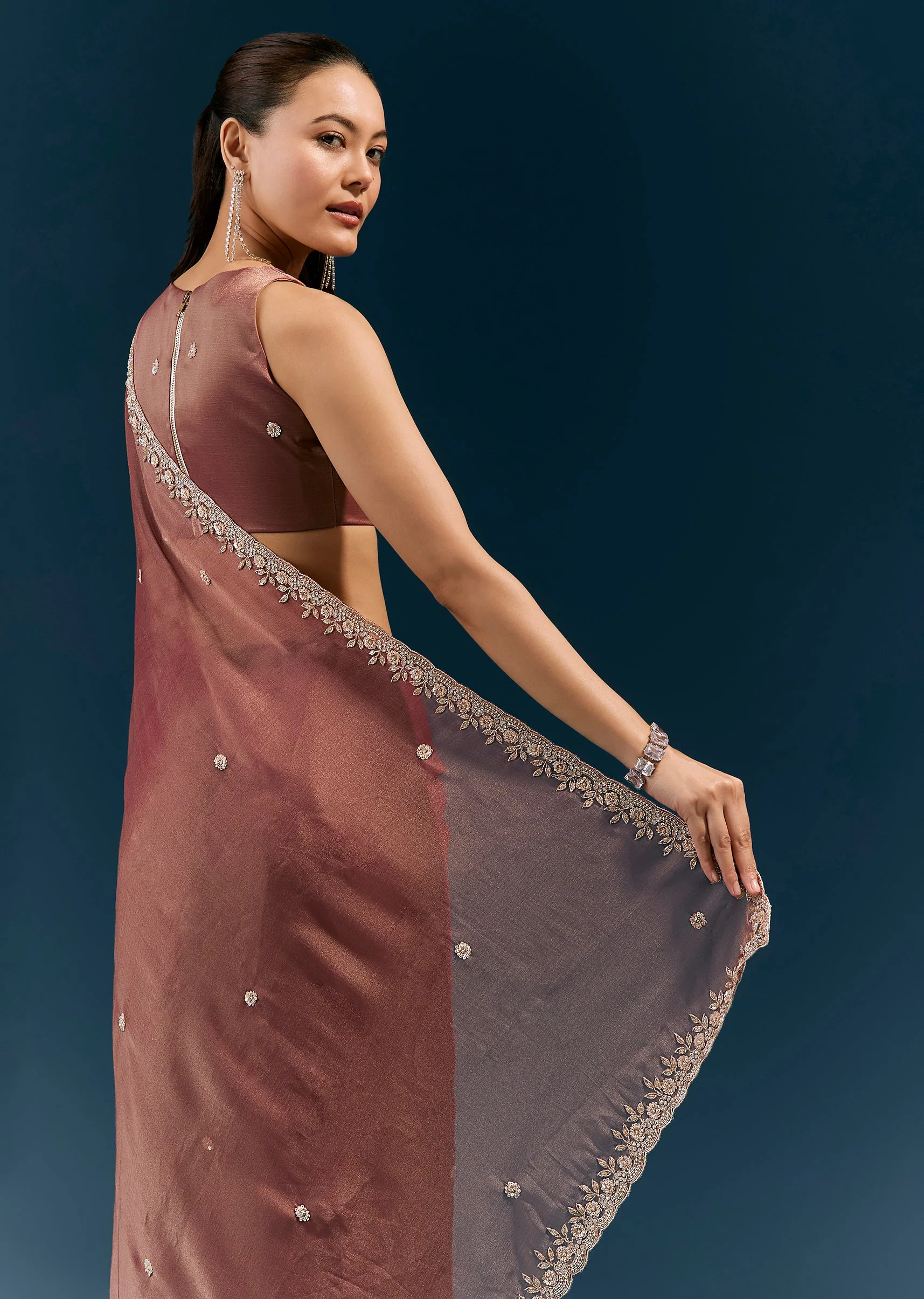 Brown Tissue Saree With Floral Embroidered Border And Delicate Butti Work - Image 6