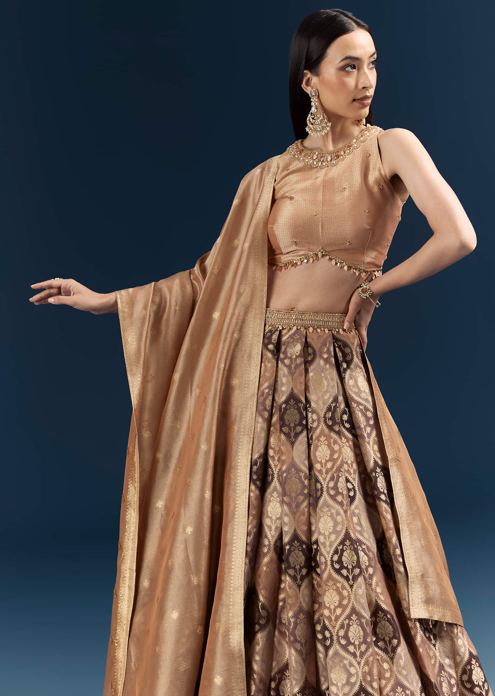 Brown Tussar Bridesmaid Lehenga With Heavy Embroidery - Image 3