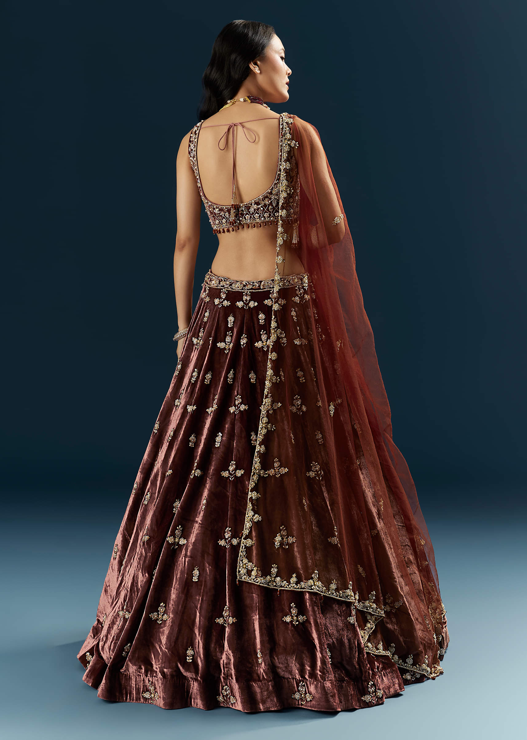 Brown Velvet Bridal Lehenga With Rose Gold Embroidery - Image 2