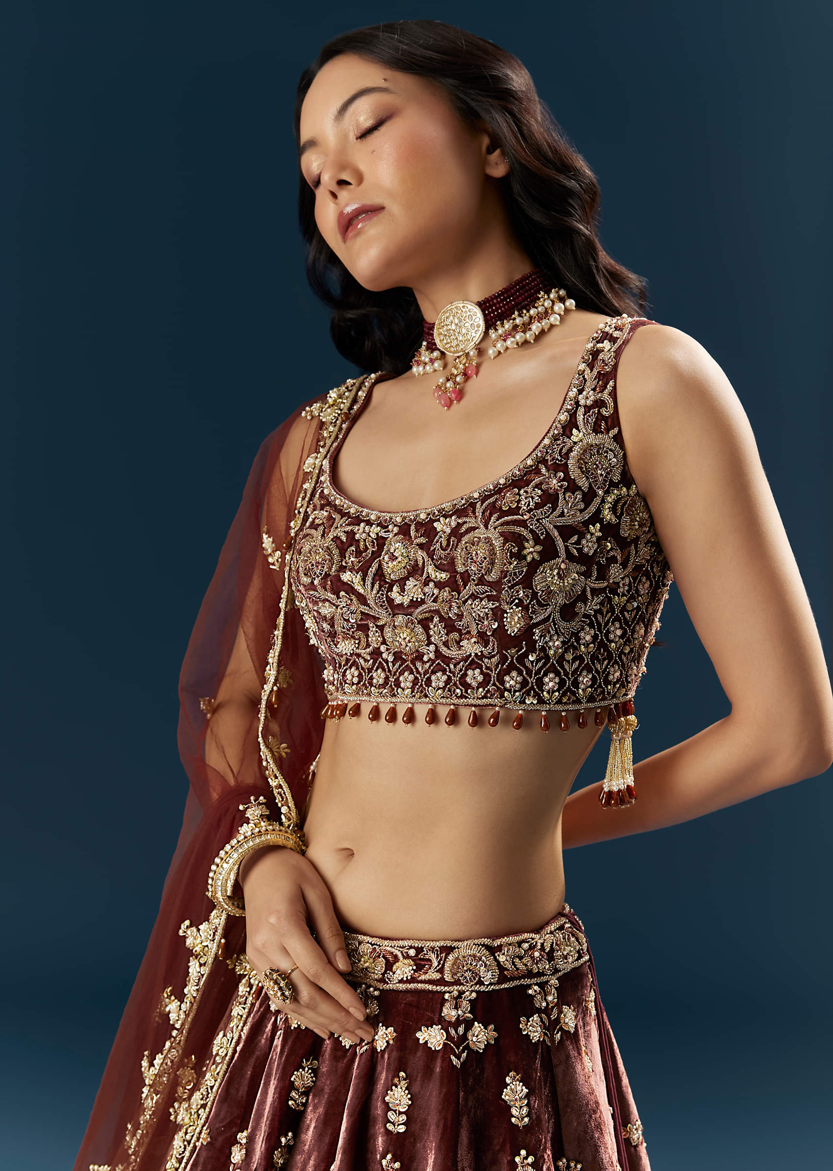 Brown Velvet Bridal Lehenga With Rose Gold Embroidery - Image 3