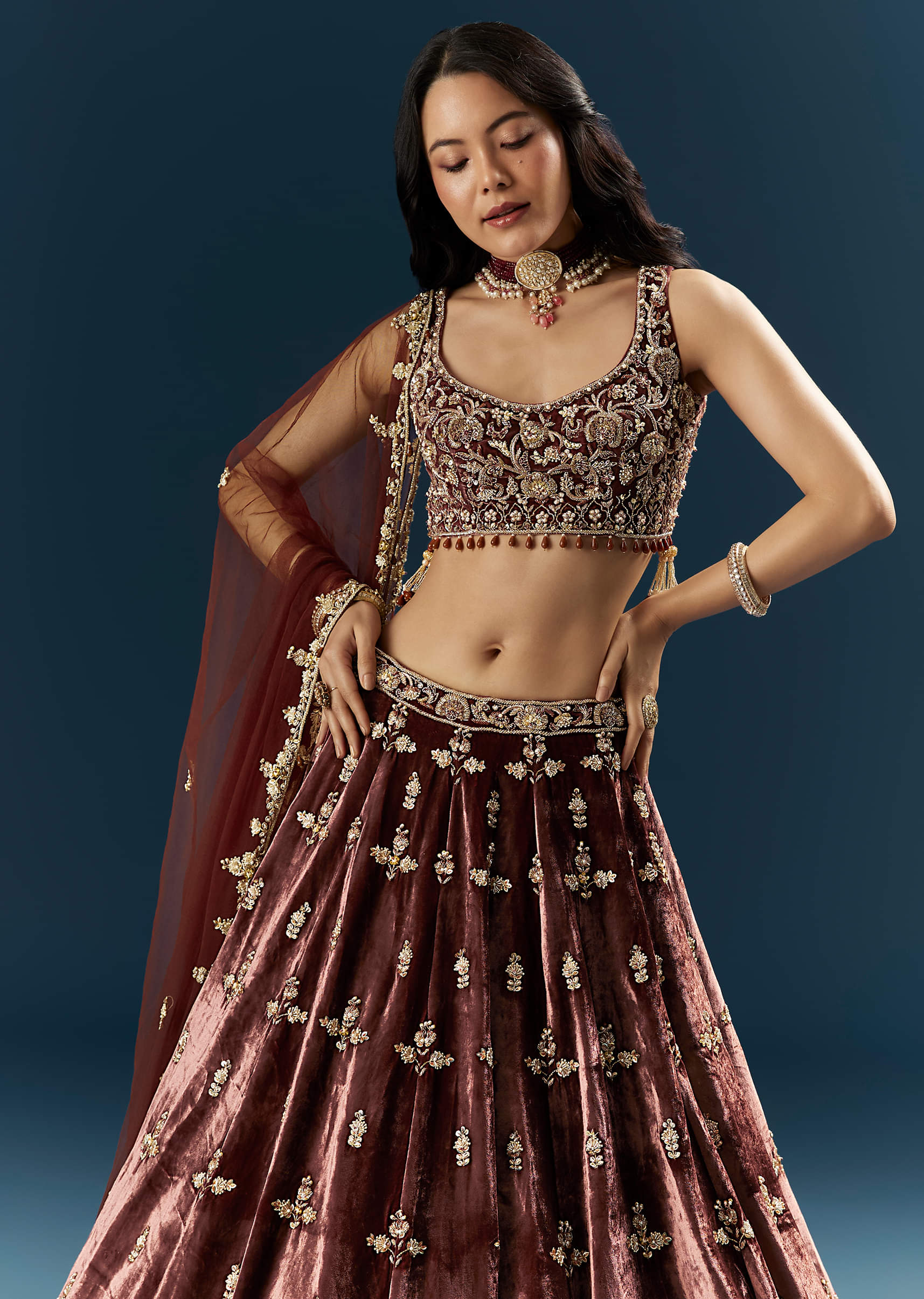 Brown Velvet Bridal Lehenga With Rose Gold Embroidery - Image 5