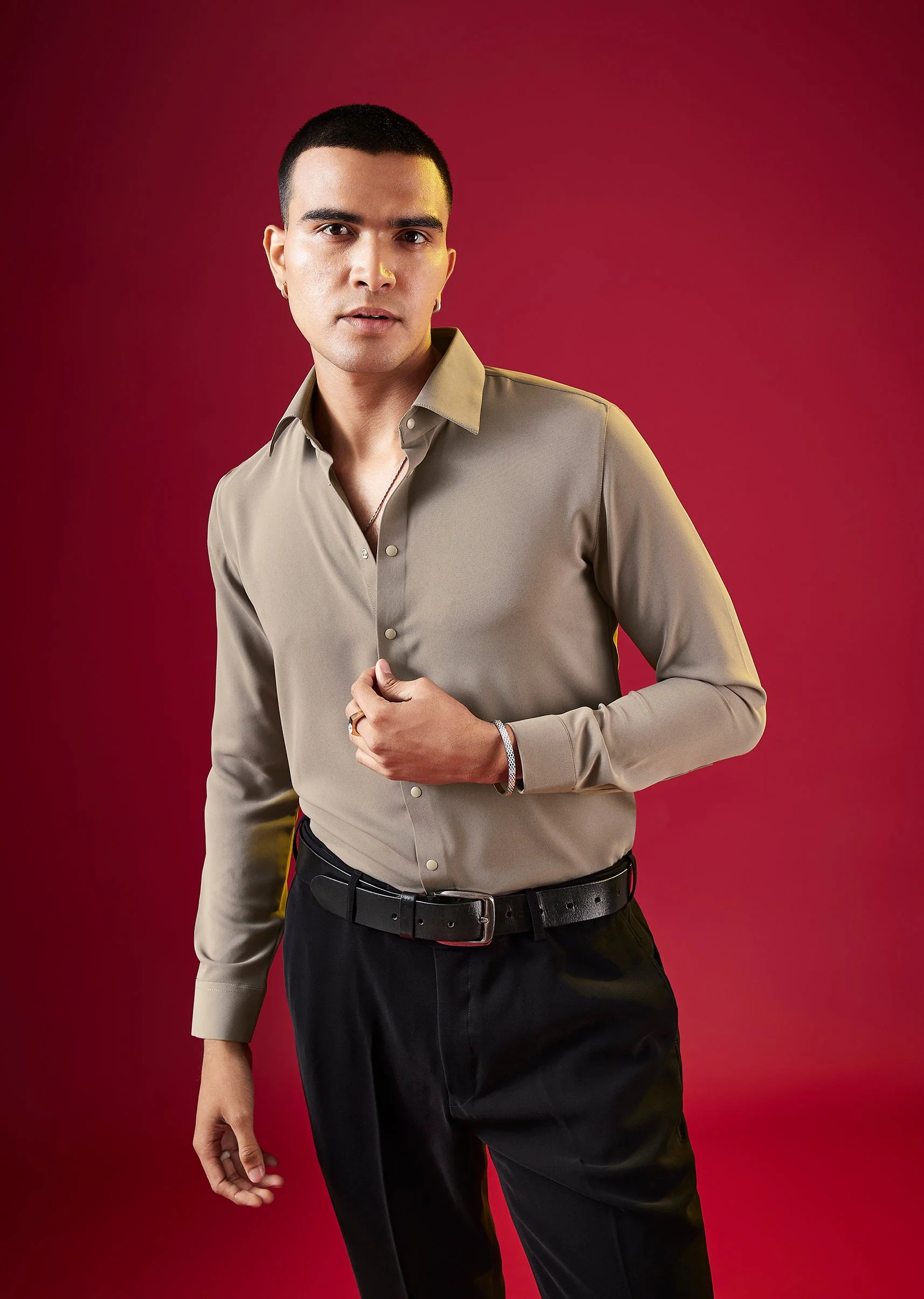 Brown Viscose Button Front Mens Solid Shirt - Image 3