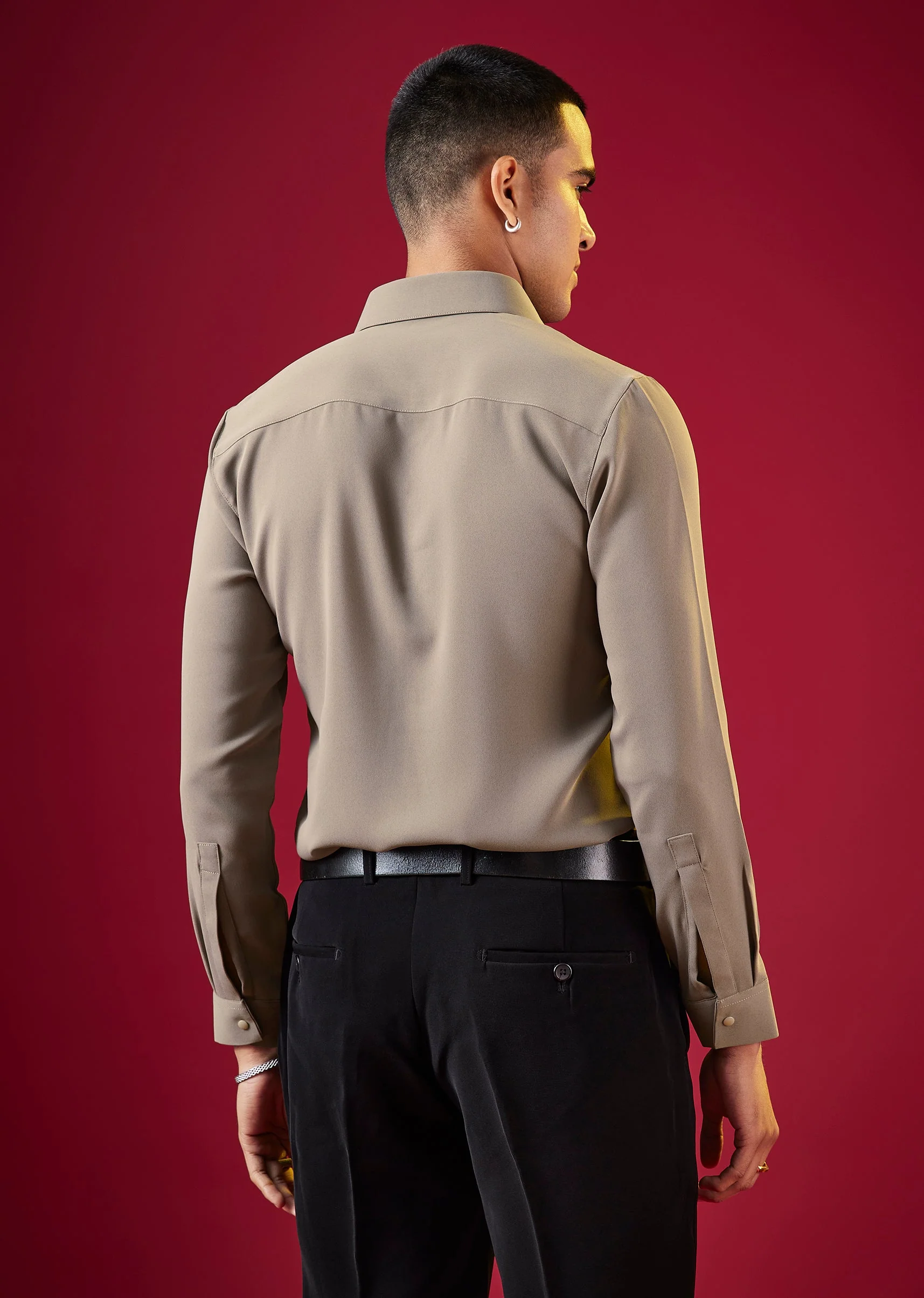 Brown Viscose Button Front Mens Solid Shirt - Image 4