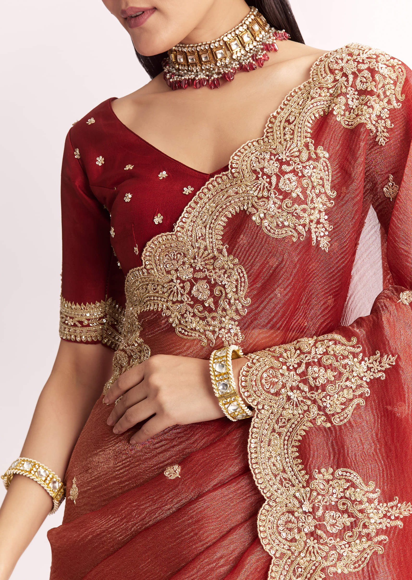 Brownish Mauve Crush Tissue Saree With Heavy Border And Blouse - Image 2
